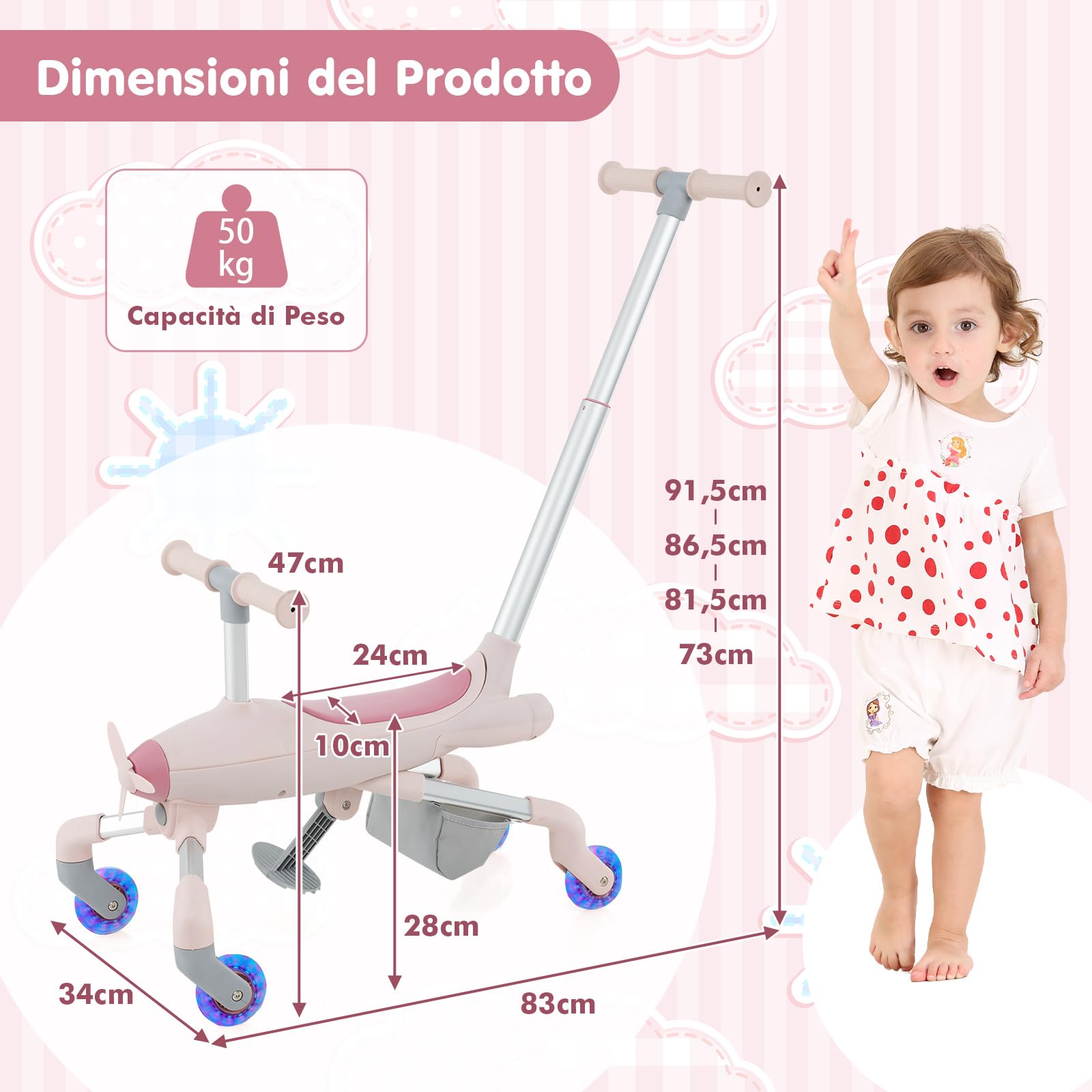 RELAX4LIFE Auto a Spinta per Bambini 2-in-1, Maniglie Regolabili, Ruote in PU con Luci LED, Poggiapiedi Pieghevoli, Carico 50kg, per Bambini 18-60 Mesi (ROSA)