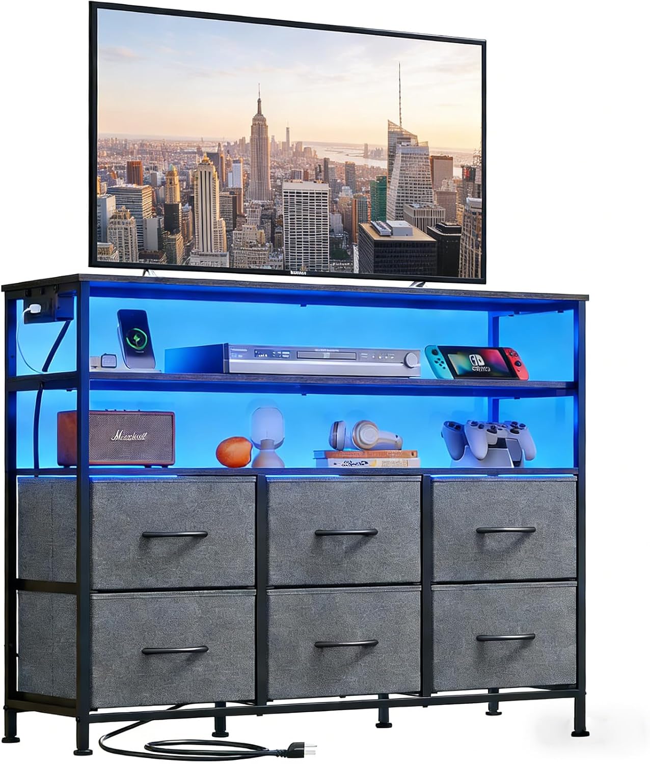 TV Stand Dresser with LED Lights & Charging Station, Media Console Cabinet with 6 Fabric Drawers and Open Shelves for TVs up to 45 Inch, Entertainment Center for Living Room, Hallway, Gray