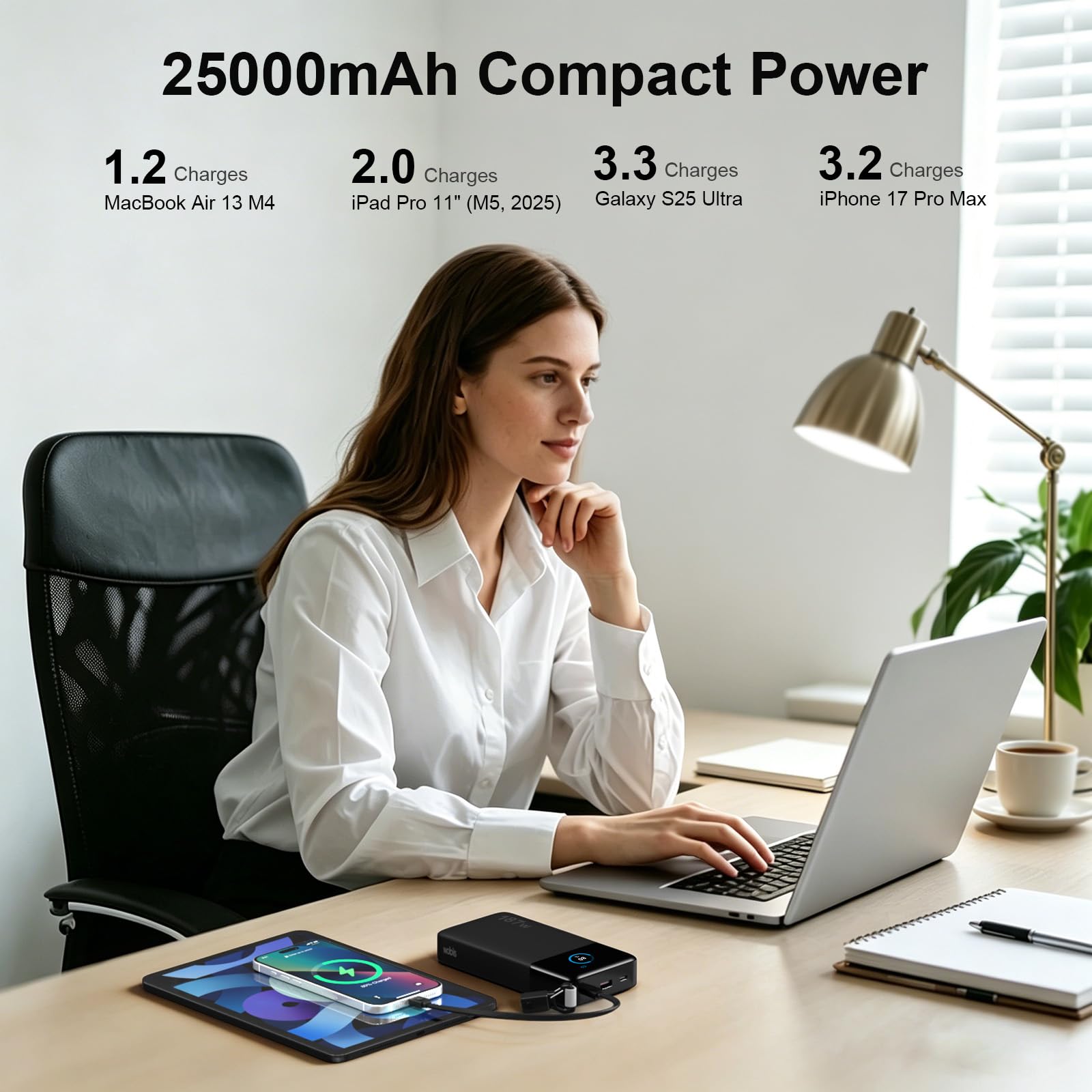 Nobis Power Bank 25000mAh 187W Laptop, 3 Porte Ricarica Rapida (100W Max) | Caricatore Portatile con cavo C-C Staccabile, display TFT, essenziale viaggi, per iPhone 17/16/, Tablets e Altro Ancora