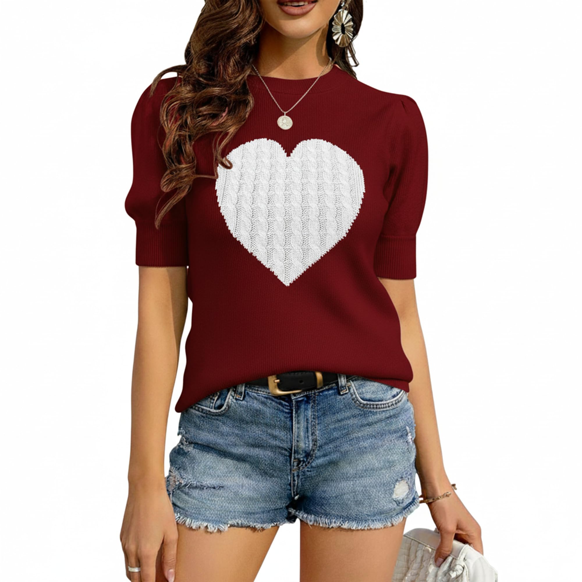 Womens Puff Short Sleeve Sweater Trendy Crew Neck Pullover Casual Front Big Cute Cable Heart Sweater Valentine Gift