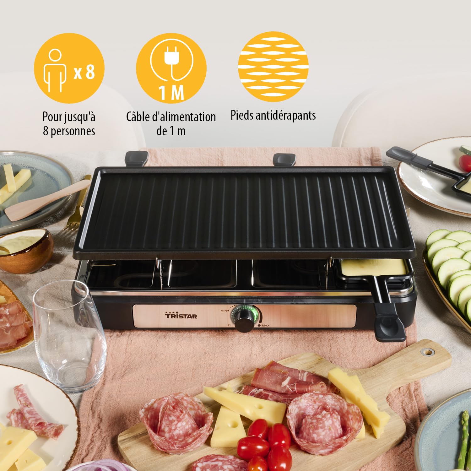 Tristar Raclette, Pour 8 Personnes, Surface de Cuisson 42 x 23 cm, Thermostat Réglable avec Anneau Lumineux, 1400 W, Noir, RA-2746