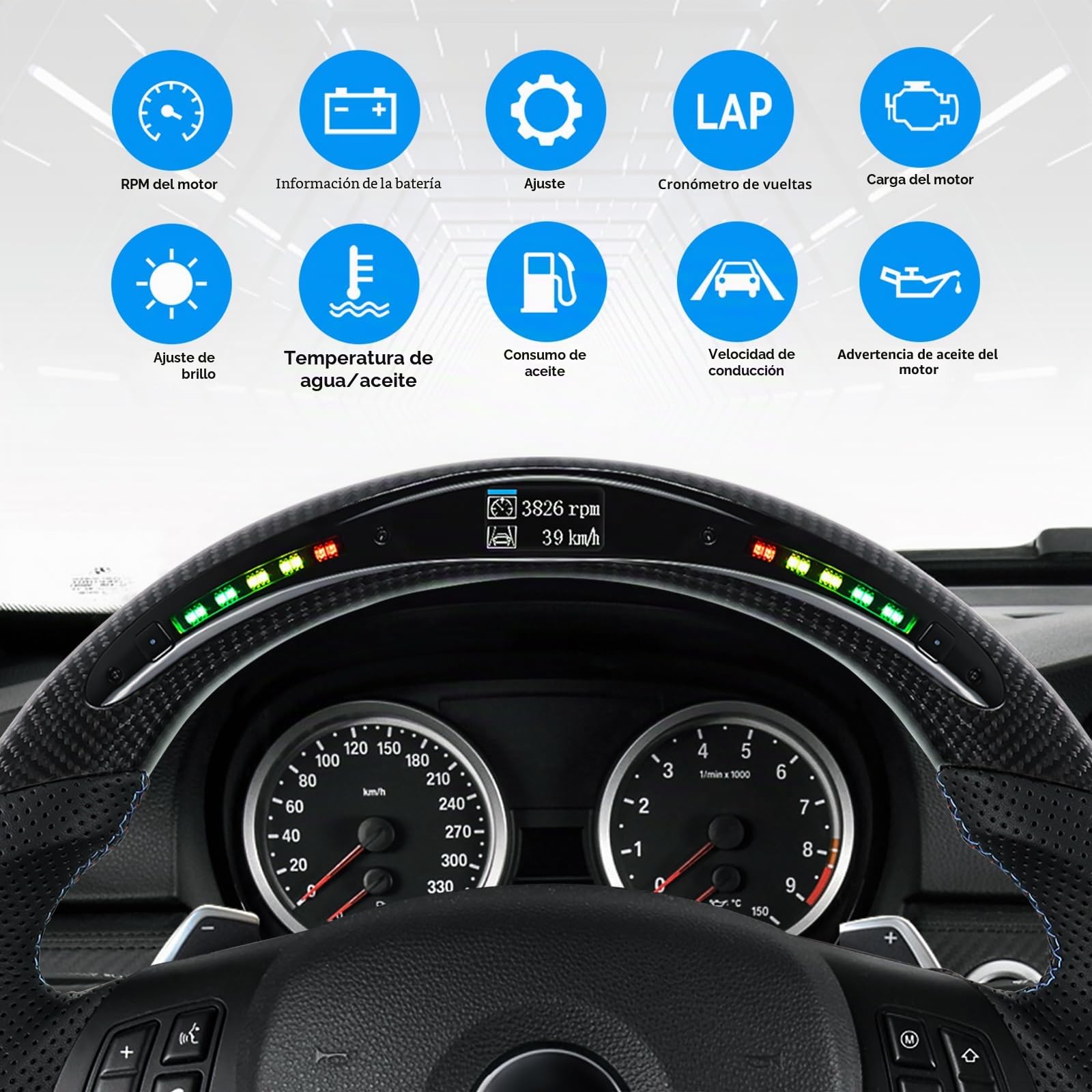 Volante de fibra de carbono, volante de piel en forma de D, base plana, indicador LED de conmutación para BMW M Sport 1/3 Series M3/E88 E90 E91 E92 E93 2005-2012