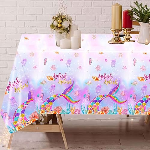 Miniatura 2 de FUHSY Mantel de sirena para decoración de fiesta de cumpleaños, paquete de 2 manteles rectangulares iridiscentes de plástico de 54 x 108 pulgadas,