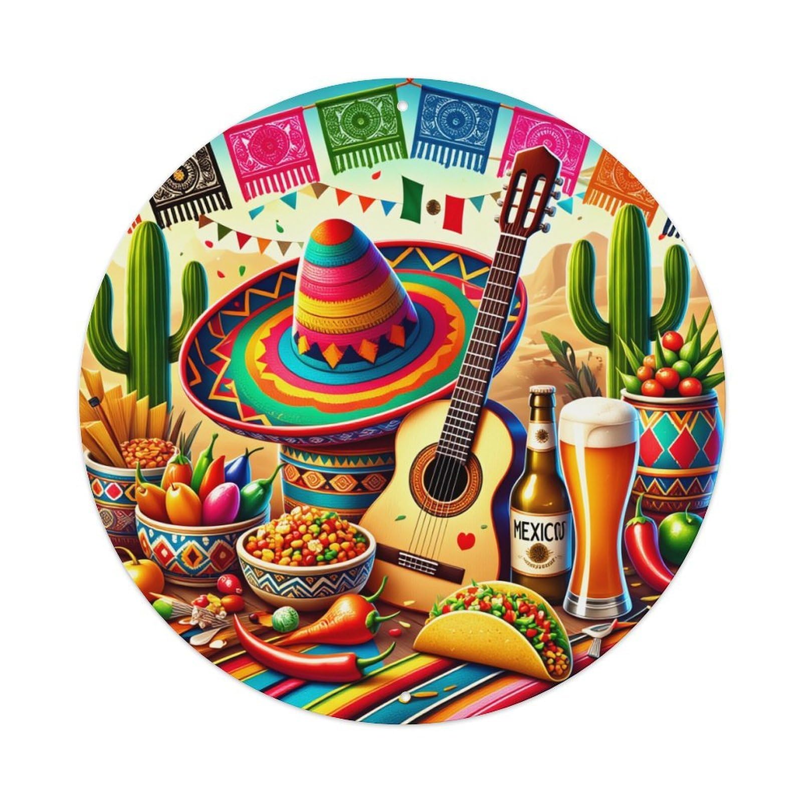 Jdyaojiesheng Vintage Colorful Mexican Folk Art Pattern Round Tin Sign Retro Metal Wall Decor Metal Poster, Home Bar Garage Farmhouse Cafe Wall Art Decoration 8X8inch
