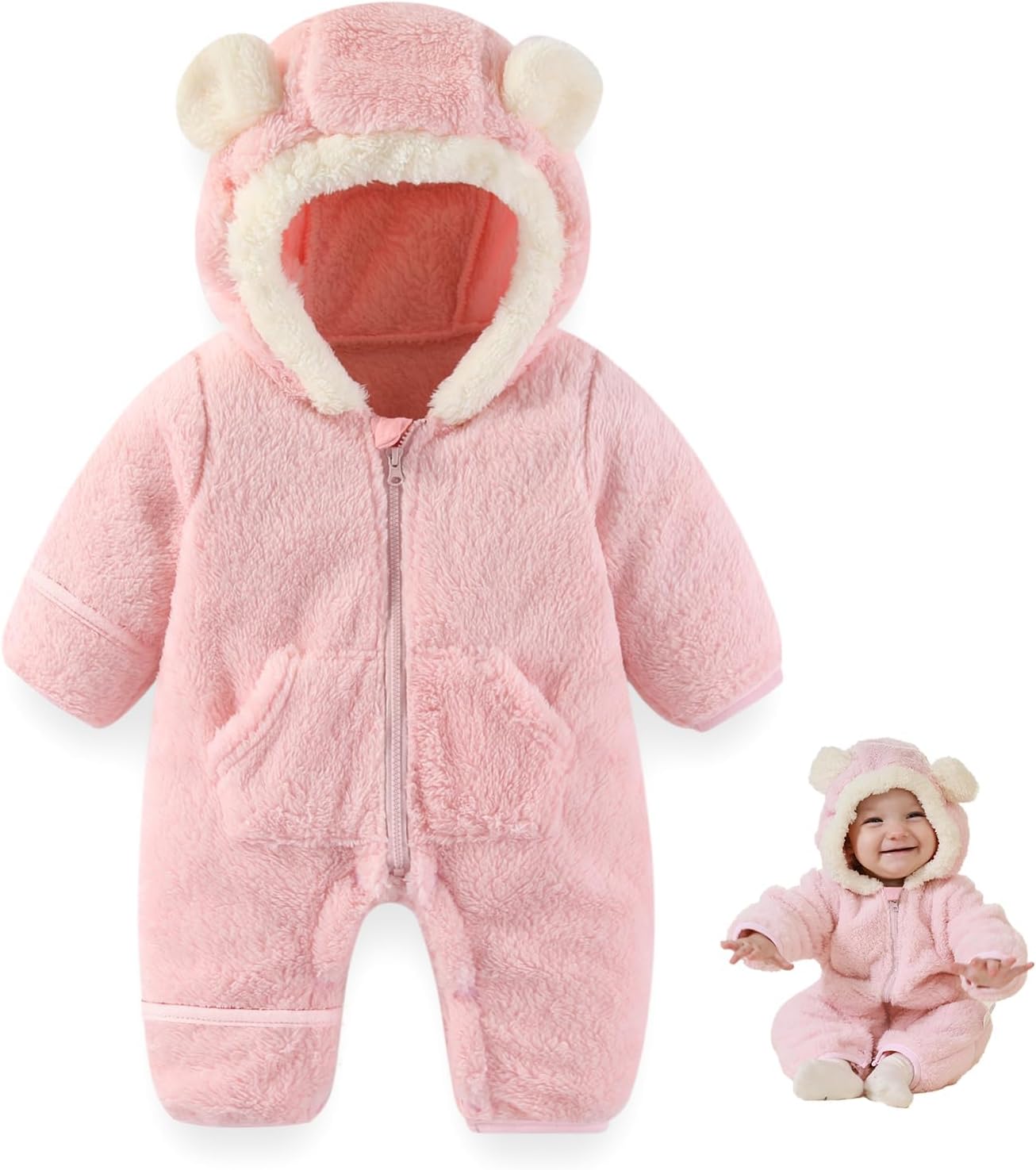 AiWMGL Newborn Baby Bear Outfit Suit With Fold-Over Mittens Footies Girls Boys Winter Fleece Clothes Hooded Romper Snowsuit