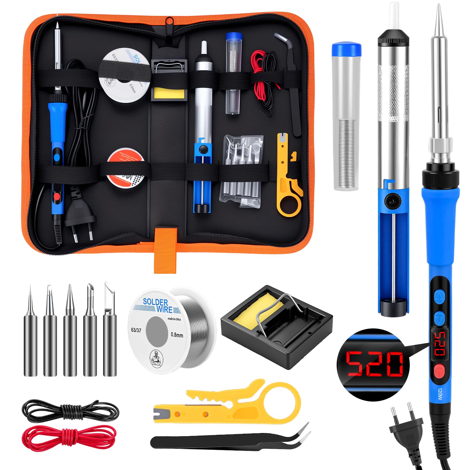 120 W Kit de Fer à Souder Numérique, Ecran LCD, Température Réglable 180-520 °C, Kit Soudage 15 en 1 Comprenant 5 Pannes, Une Pompe à Dessouder et La Soudure Pour L'électronique