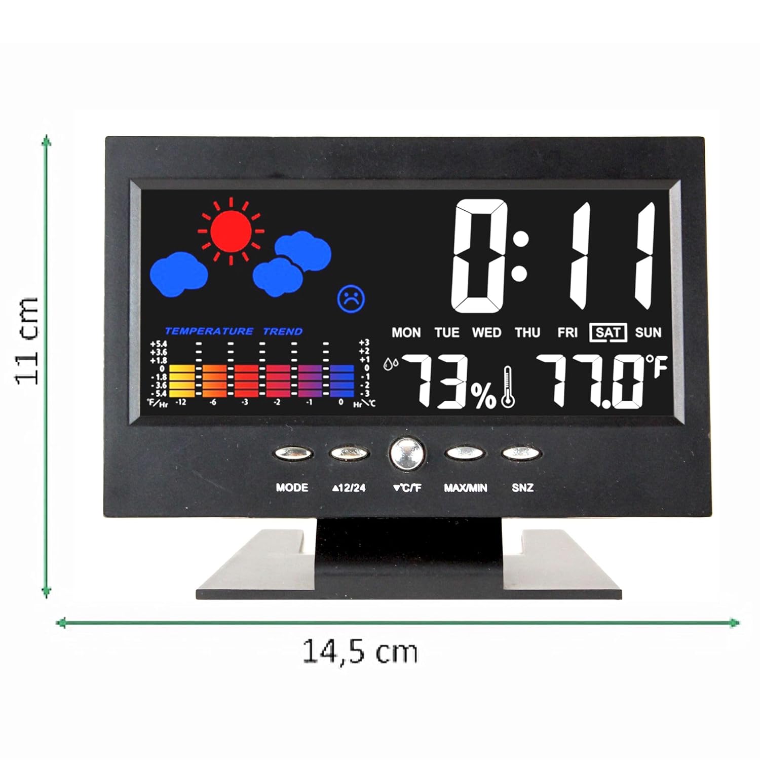 FISHTEC Weather Station S2576 with dimensions labeled: 14.5 cm width and 11 cm height.