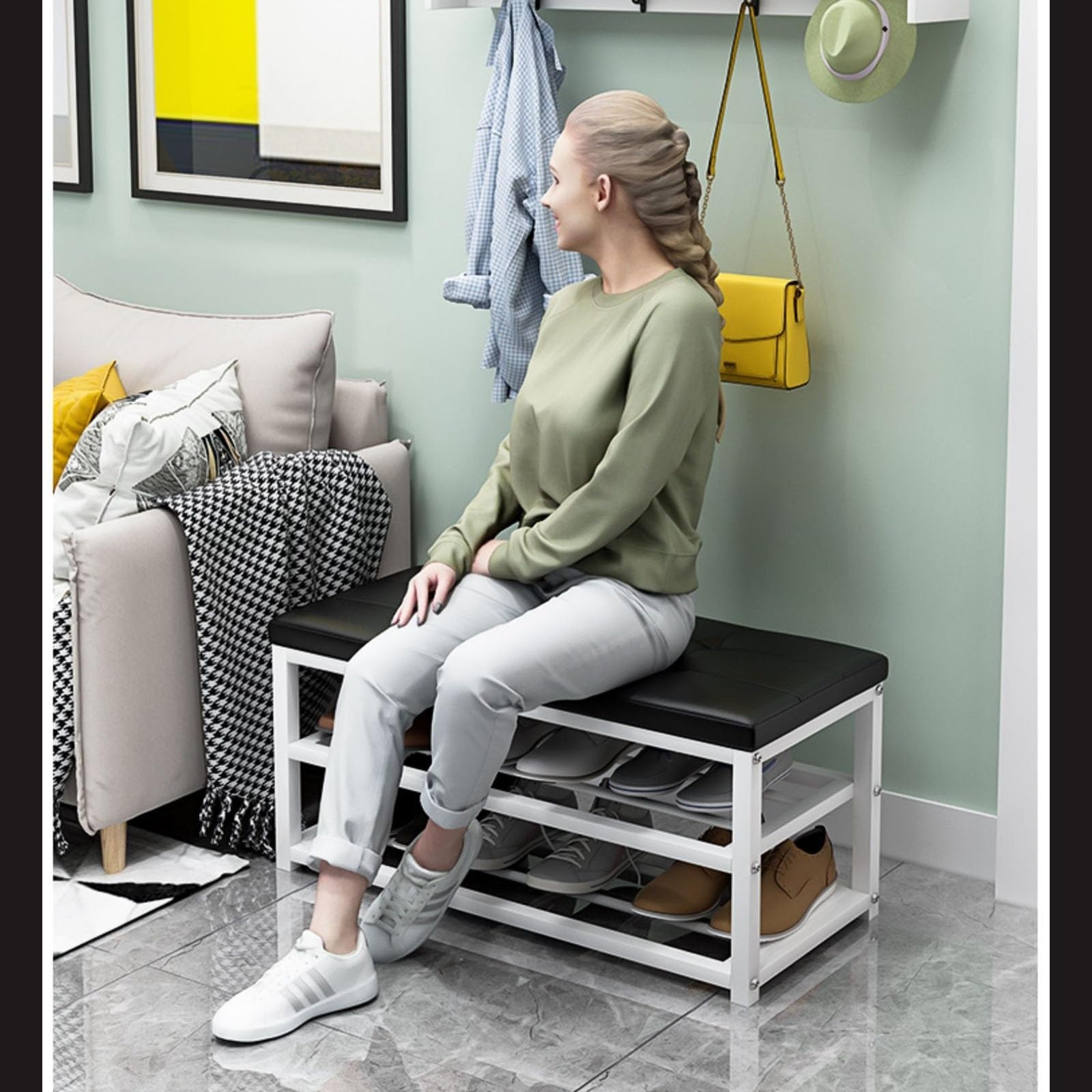 MSHGSKU Shoe Rack Bench with Cushion and Metal Frame - Entryway Organizer for Living Room, Hallway, Mudroom - Holds 300 lb
