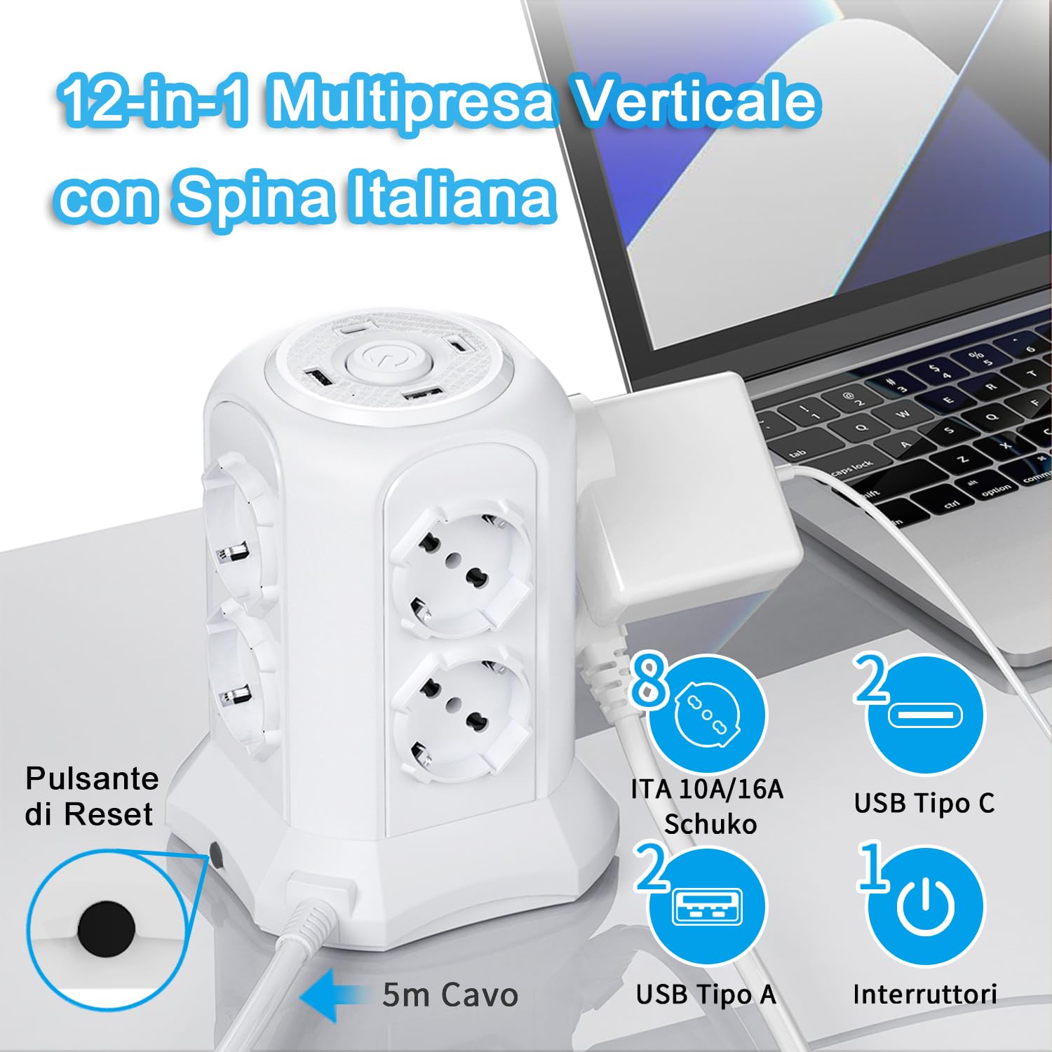 TOPREK Multiprise Verticale avec 8 Prises universelles ITA 10/16A et Schuko et 2 USB C et 2 USB A (USB-C1 20W PD3.0 Charge Rapide), câble 5M, 4000W/16A, multiprise avec Interrupteur, Prise 16A, Blanc
