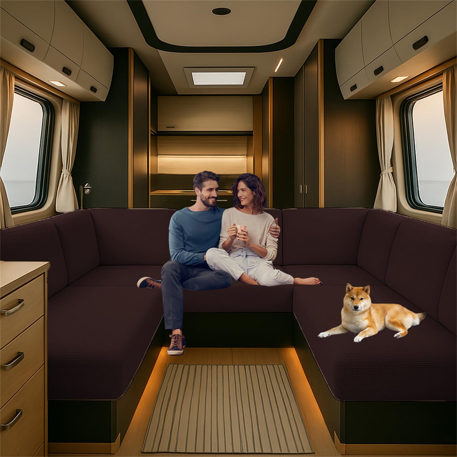 CDPTD Caravan Seat Cover Stretch Jacquard, Pet Friendly Splash-Proof RV Dinette Cushion Covers, Couch Cushion Covers for Camper Sofa Bench (brown1,W 225-275 cm, D45-65 cm)