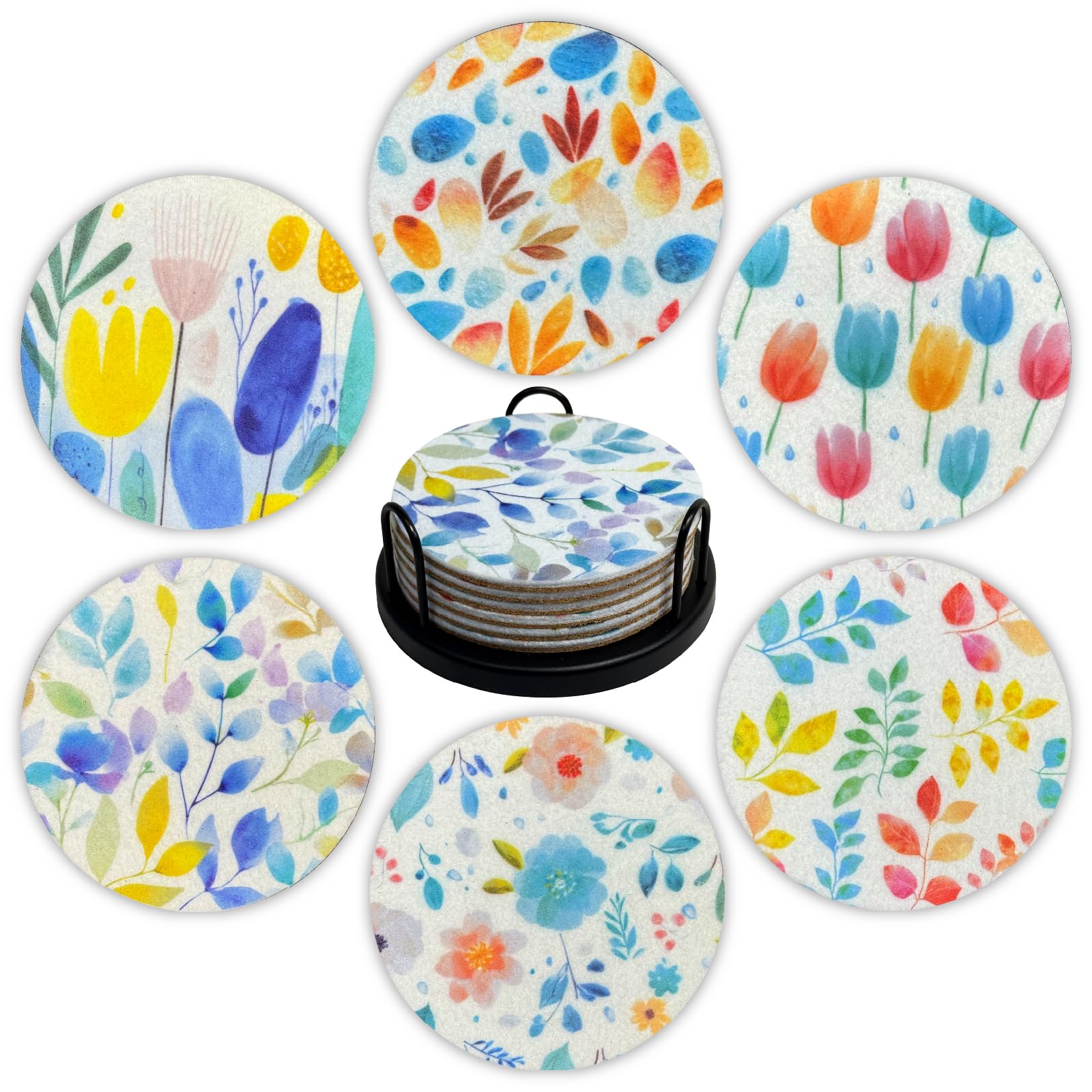 Watercolor Floral Felt Coasters Set of 6, Round Absorbent Drink Coasters, Non-Slip Cork Backing, Removable Holder