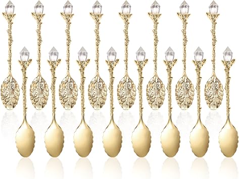 Covzoe 16 Pack Retro Coffee Spoons, Elegant Crystal Head Dessert Spoons, 4.3 Inch Mini Vintage Teaspoons for Cafe, Bar, Party, Home Dining, Wedding Gift Supplies, Gold