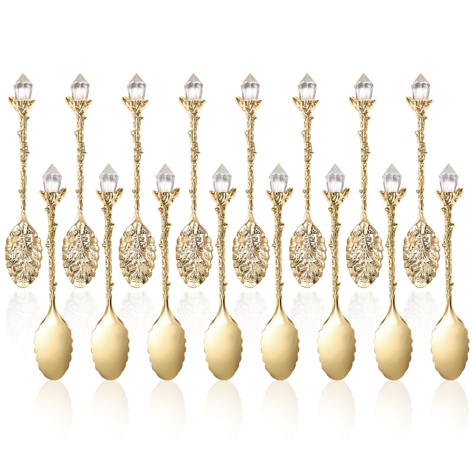 Covzoe 16 cucharas retro, cucharas de café de aleación de cristal, cucharas de postre doradas talladas vintage para cafetería, bar, vajilla, suministros de fiesta en casa