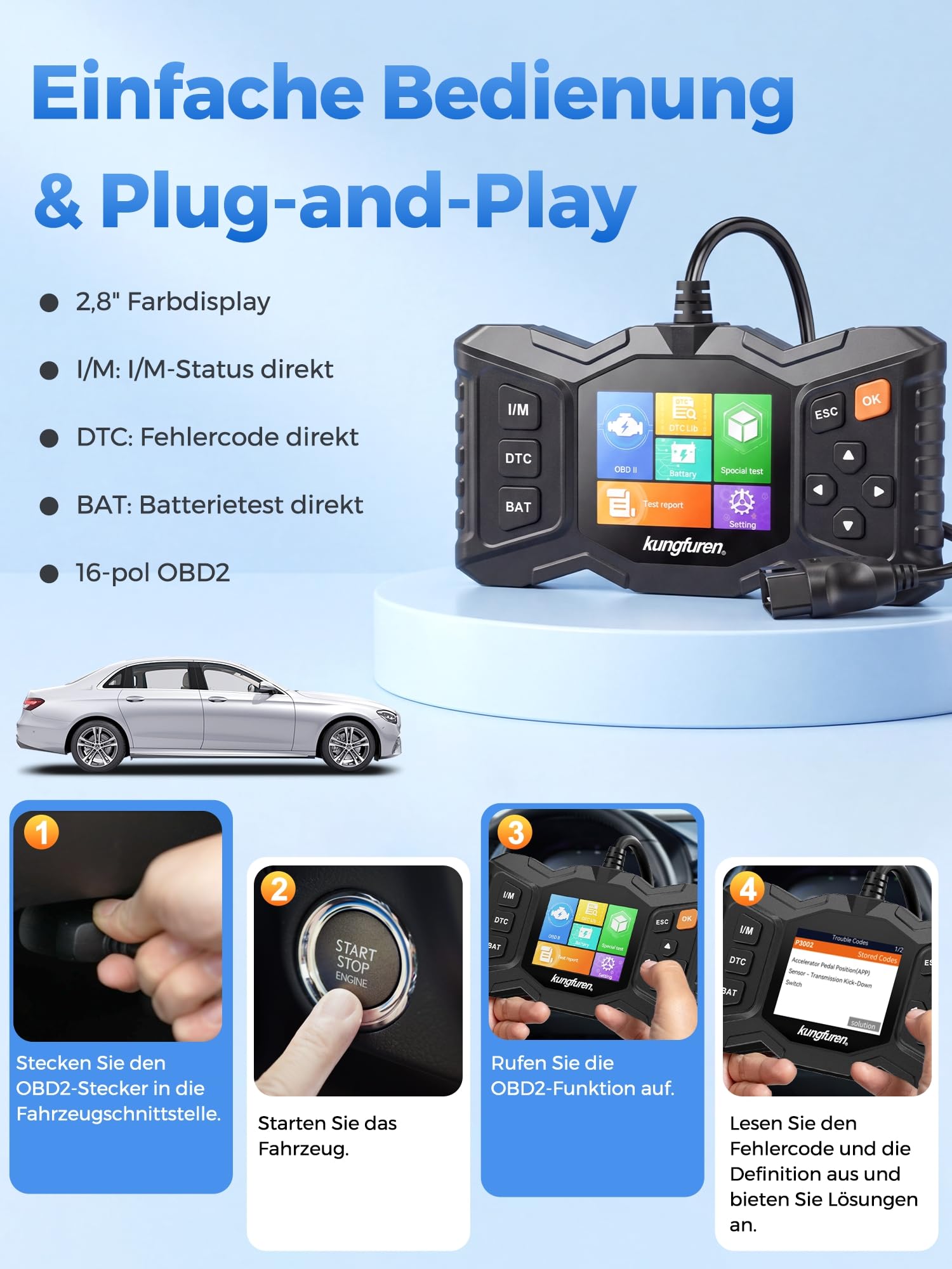 OBD2 Diagnosegerät Auto OBD Auslesegerät: OBDII Auto Lesegerät Scanner mit Motor Diagnose Funktionen, Deutsch Adapter KFZ Fehlerauslesegerät für Alle Fahrzeuge BMW, VW, Ford, Mercedes, Audi