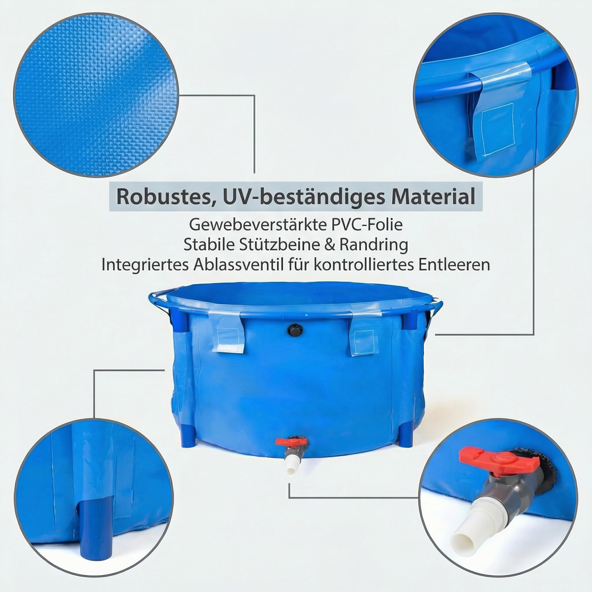 Pondlife Faltbecken für Koi 1500 Liter Ø 180 cm x H 60 cm UV-beständige gewebeverstärkte PVC-Folie randstabil mit Stützbeinen faltbar