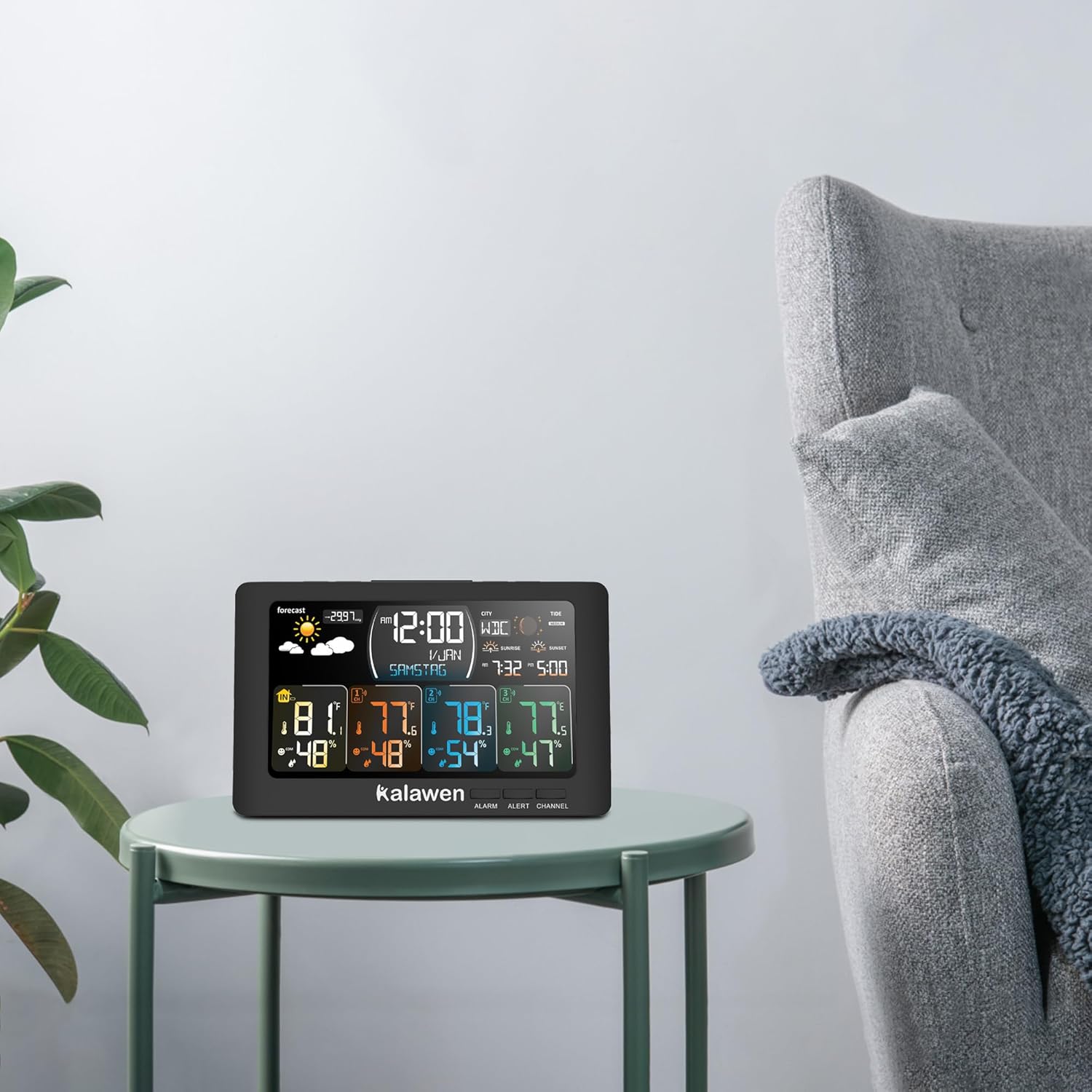 Weather Station Wireless Indoor Outdoor Thermometer, Multiple Sensors Auto-Adjustment Brightness Digital Thermometer with Large Color Display, Weather Forecast