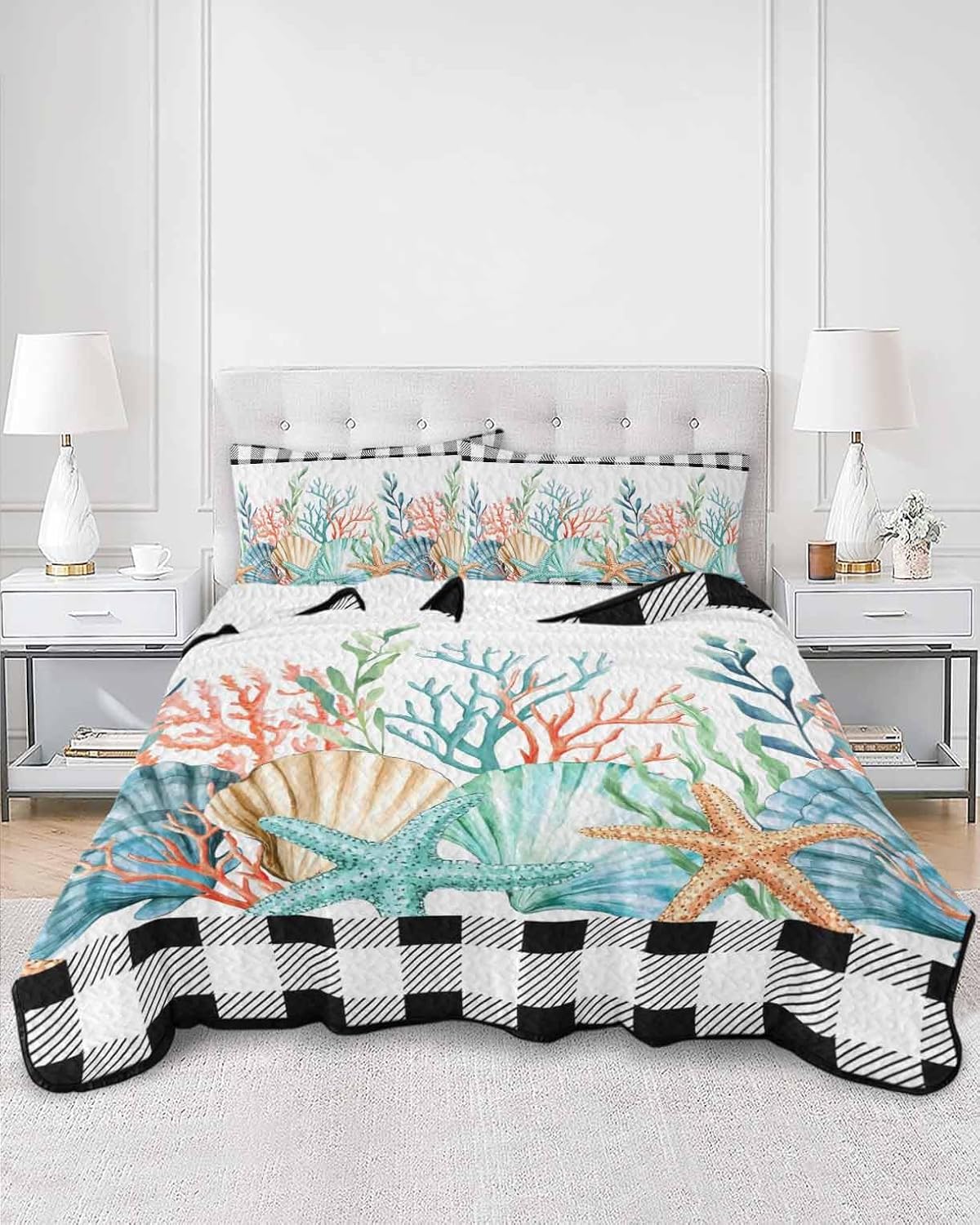 Queen Size Quilt Set, Ocean Starfish Coral Shell Lightweight Bedspread Coverlet Set Soft Microfiber Summer Quilt with 2 Pillow Shams, Marine Life Black Buffalo 3 Piece Comforter Bedding Set