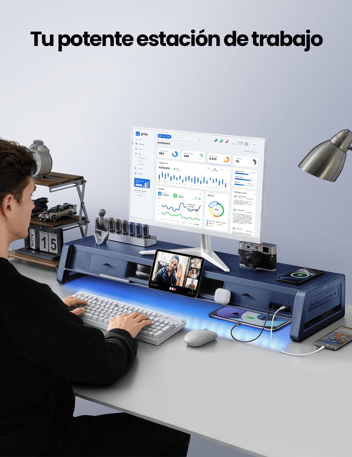 Vaydeer Soporte elevador de monitor dual todo en uno con 2 cajones, 8 puertos USB (4 de carga rápida, 4 para transferencia de datos), almohadilla de carga inalámbrica y tira de luz LED, organizador de
