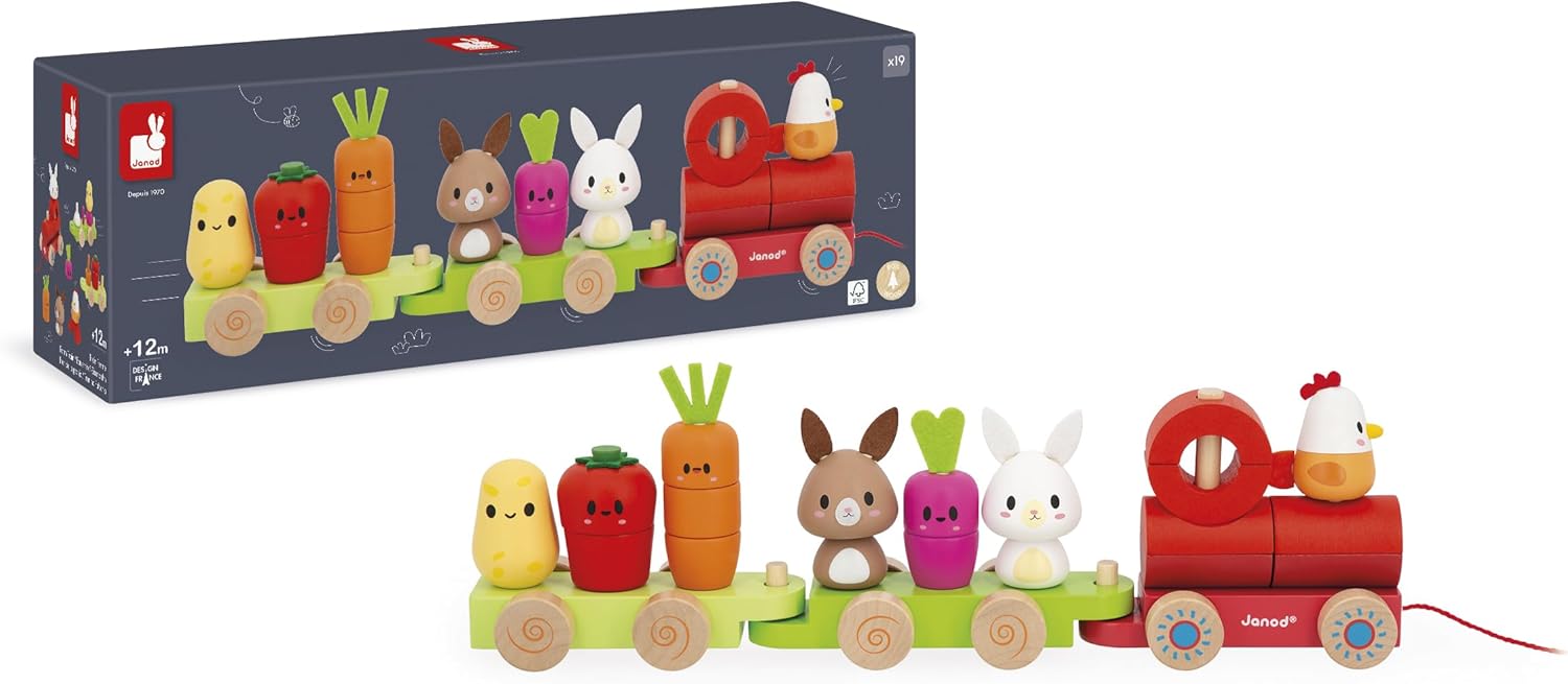 Janod - Wooden Pull-Along Train - Farm Theme - 3 Wagons and 19 Pieces - Early Learning Pull-Along Toy - Wood and Water-Based Paint - Develop Fine Motor Skills - from 12 Months, J03314