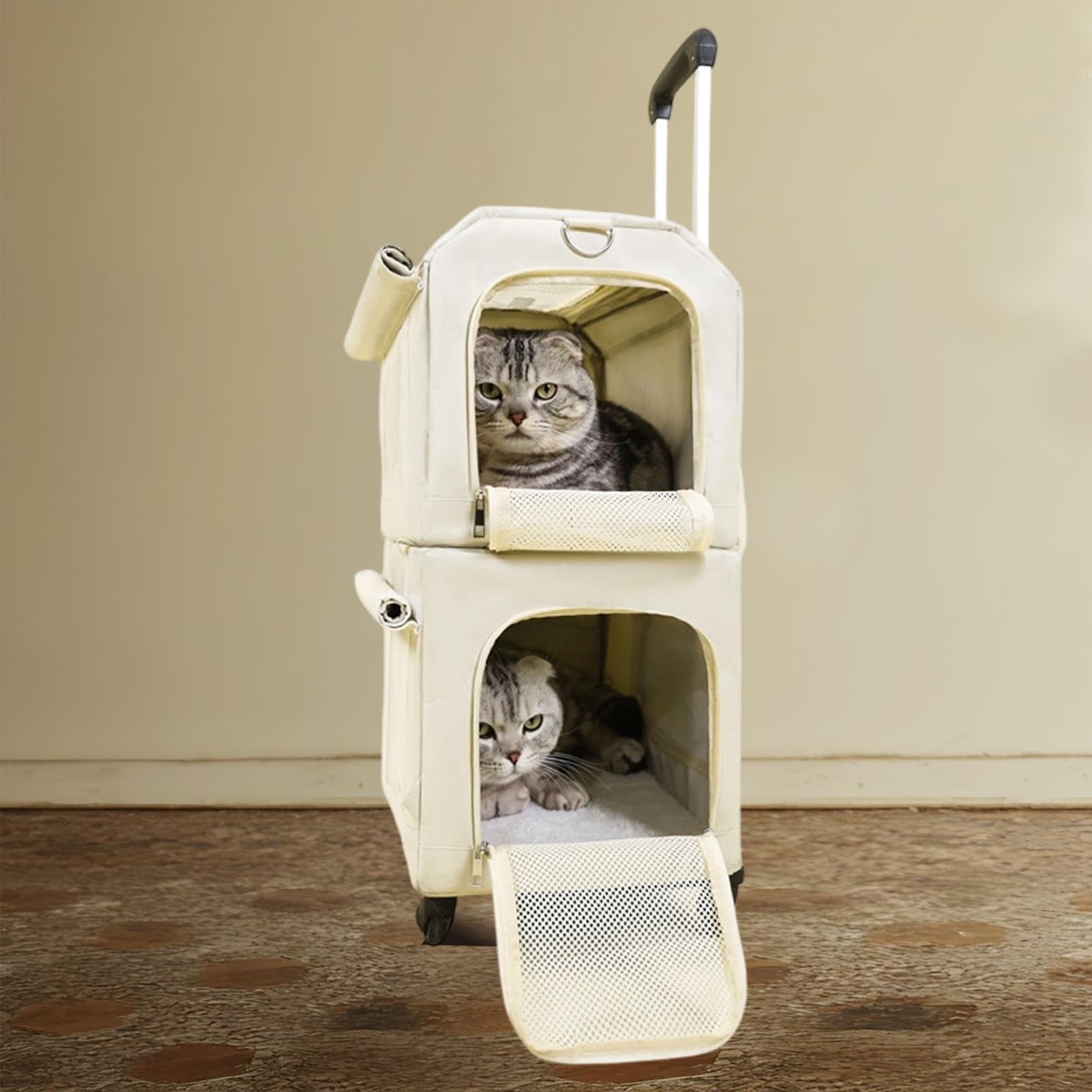 Combo Trasportino per Animali con Carrello e Zaino - Maniglia Staccabile, Ruote e Doppie Borse per 2 Piccoli Animali Domestici Pieghevole Trasportino per Gatti e Cani con Spazio di Stoccaggio