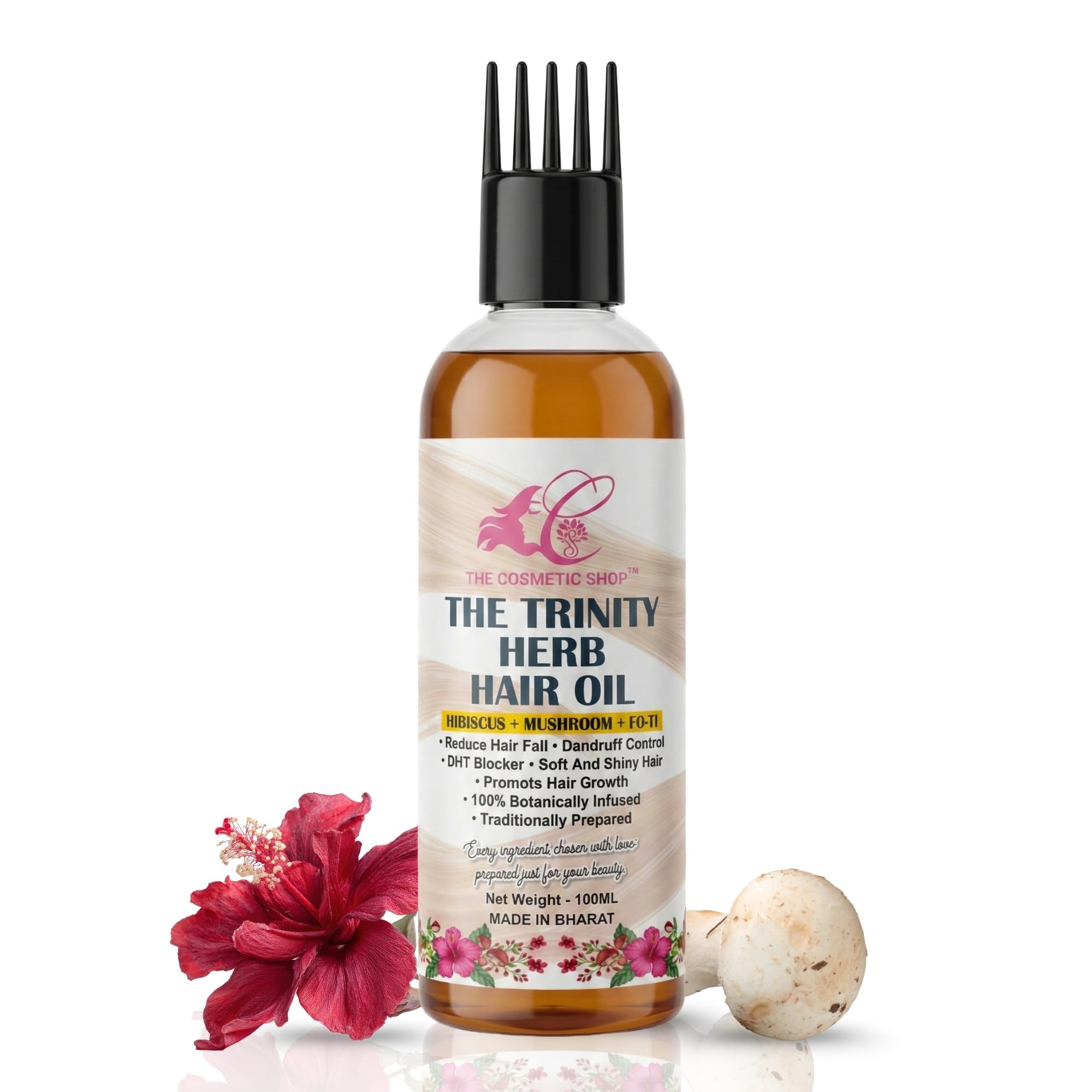 Trinity Herb Hair Oil with Hibiscus, Mushroom & Fo-Ti | Natural DHT Blocker for Hair Fall Control | Deep Scalp Nourishment & Dandruff Care | Lightweight & Non-Greasy Botanical Formula | 100ml-image-2