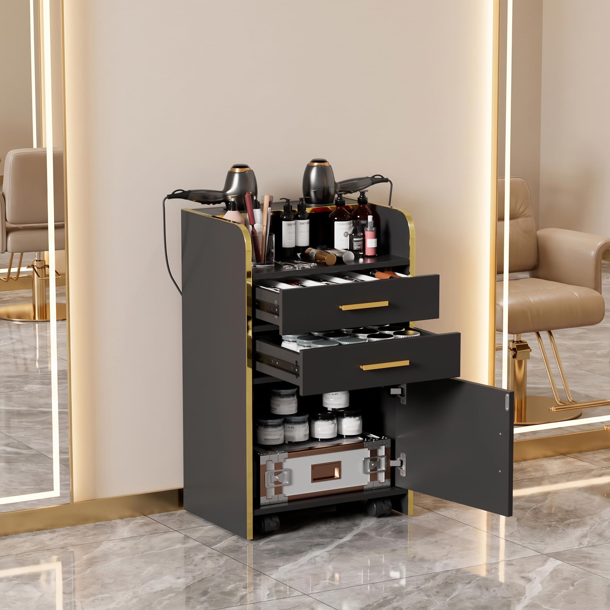 MSFE Carrello Estetista con Ruote,Carrello di Servizio in Legno con 2 Cassetti,1 Armadio e 2 Supporti Asciugacapelli,Barbiere Carrello da Lavoro per Stilista,Parrucchiere,Acconciatura SPA,45*35*80CM