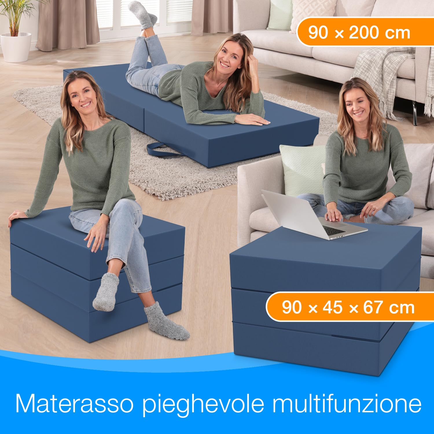 ELONEO materassino pieghevole per ospiti, materasso pieghevole a 3 parti, spugna extra spessa (15cm), lavabile, cubo a disco intervertebrale, adulti (blu, 90 x 200 x 15 cm)