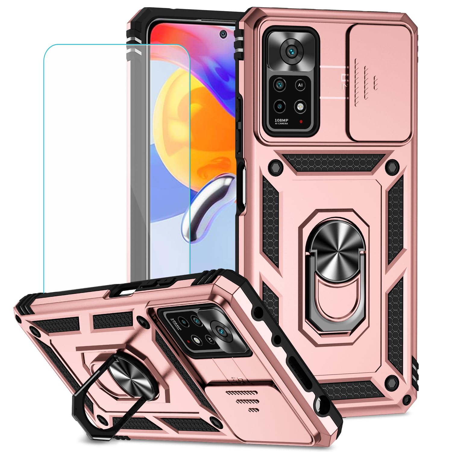 IUQXU for Xiaomi Redmi Note 12 Pro 4G LTE Case with Screen Protector,Phone Case with Stand Magnetic Ring Holder Kickstand Heavty Duty Durable Cover