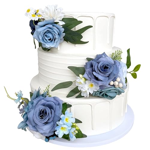 Dusty Blue Artificial Cake Flowers Pre-made Silk Roses Dahlia Cake