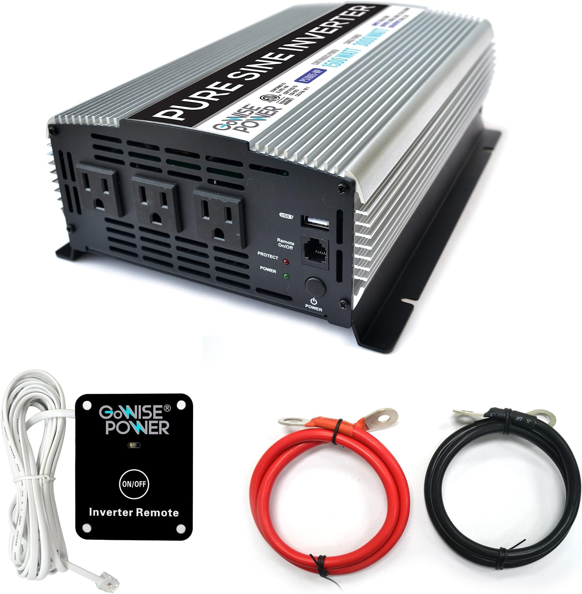 1500W Pure Sine Wave Power Inverter 12V DC to 120 V AC with 3 AC Outlets, 1 5V USB Port, 2 Battery Cables, and Remote Switch (3000W Peak) PS1005 (Brand Name/Packaging May Vary)