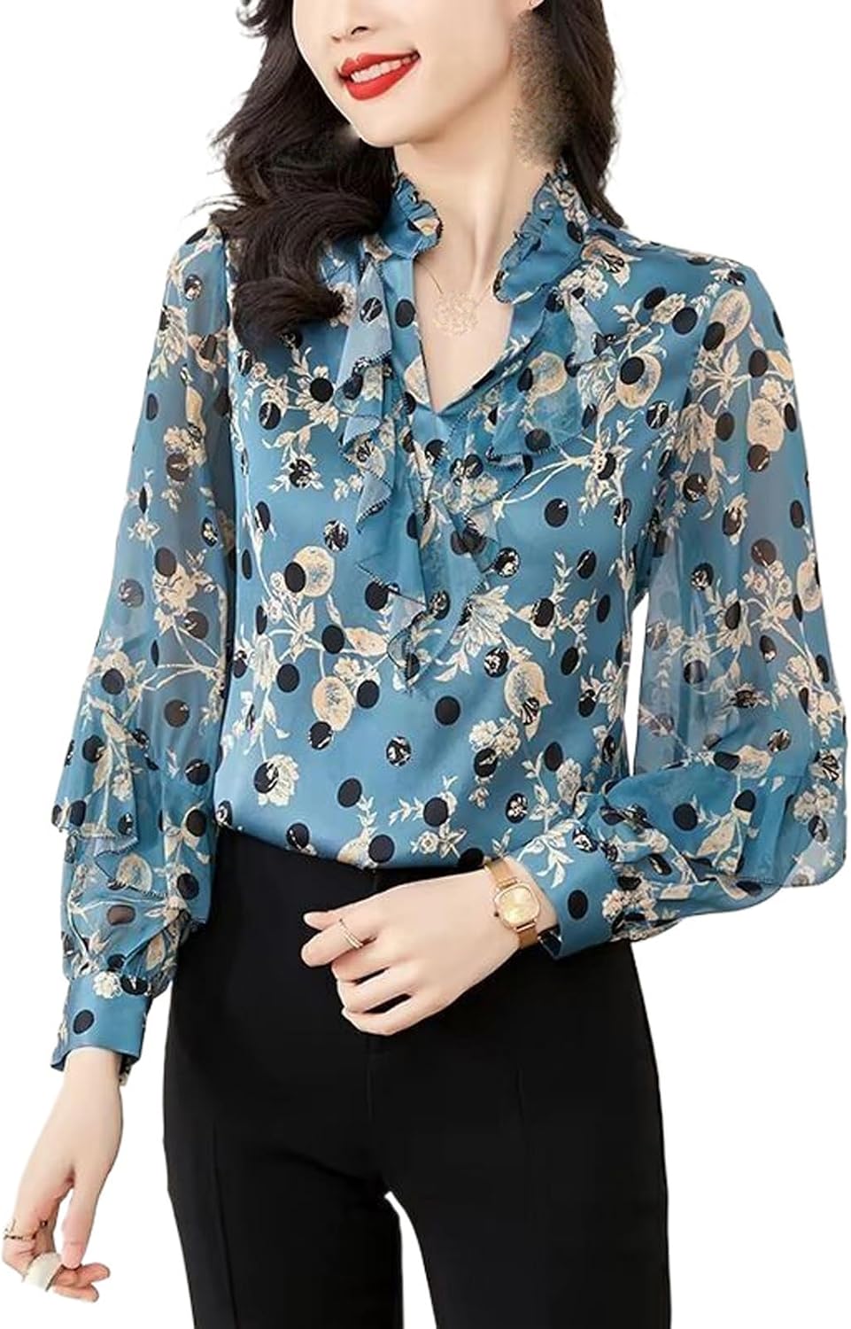 Women's Elegant Ruffles Long Sleeve Satin Shirt Printed Spring Summer Blouse Casual Top