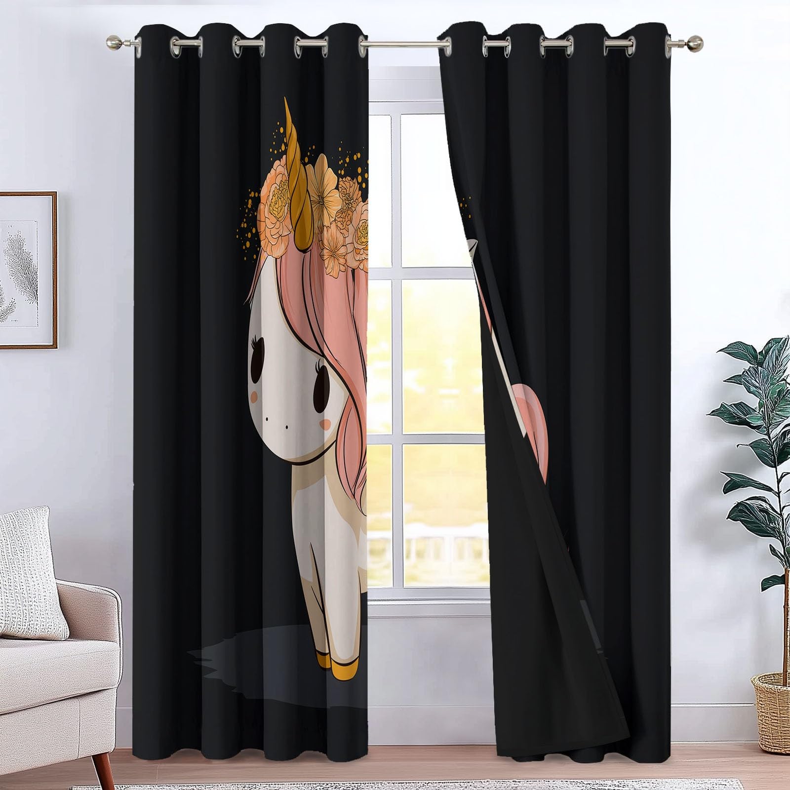 Fleurs Licorne Rideau Occultant, Style Dessin Animé Rideau Thermique Isolant Tenture Opaque à Oeillets Draperies IntéRieurs pour Chambre Salon Décoration 2 Panneaux 110L x 215H cm