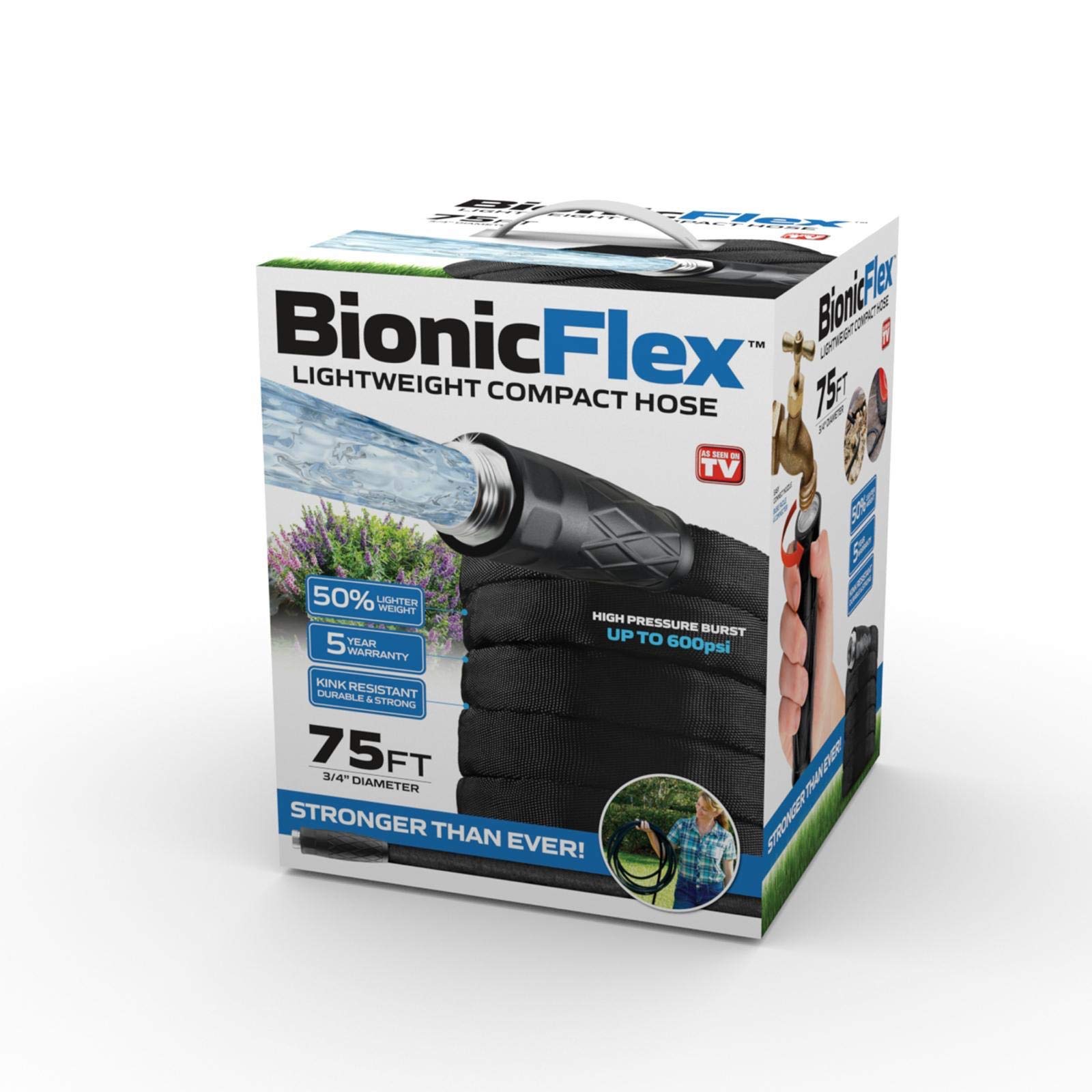 Bionic Flex 75’ Garden Hose, Ultra Durable & Lightweight Weatherproof Garden Water Hose, 500 PSI Crush Resistant EZ Connect Metal Fittings, Tear Resistant, Kink Free Outdoor Hose, Outdoor Yard Hose