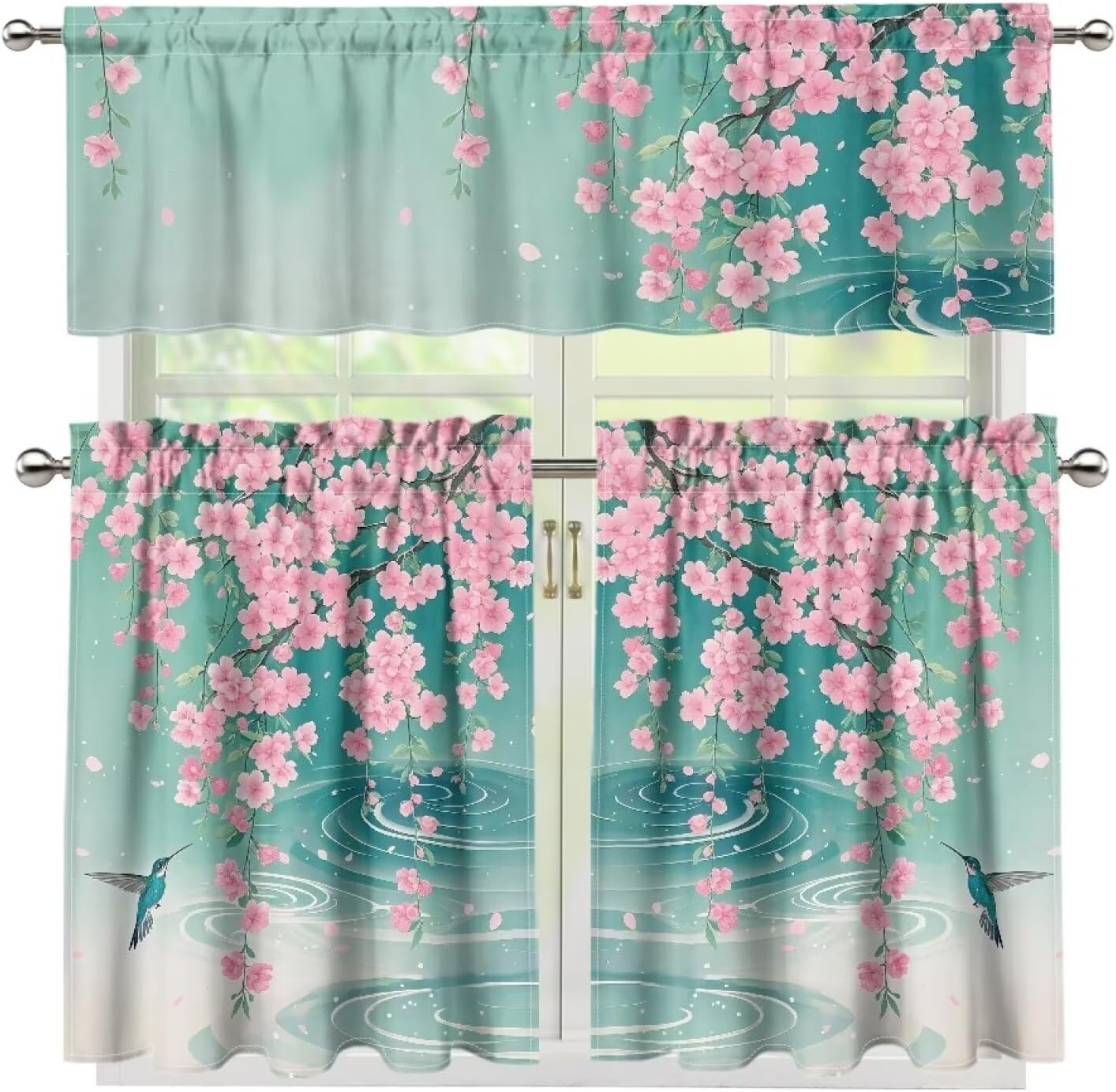 Pink Flower Kitchen Curtains and Valances Set Sage Green Kitchen Curtains Sets for Windows 3 Piece Cafe Curtains 36 inch Length with Valance Rod Pocket Short Tier Curtain for Living Room