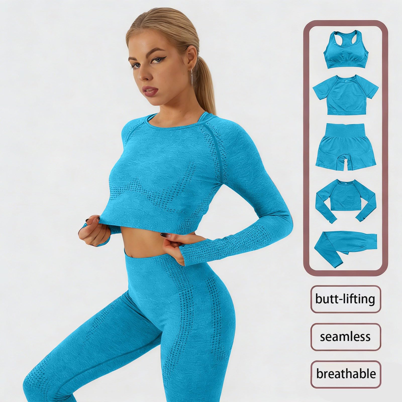 Generisch Set da yoga da donna, 5 pezzi, senza cuciture, con leggings, pantaloncini, reggiseno sportivo e magliette, set completo di abbigliamento sportivo per palestra