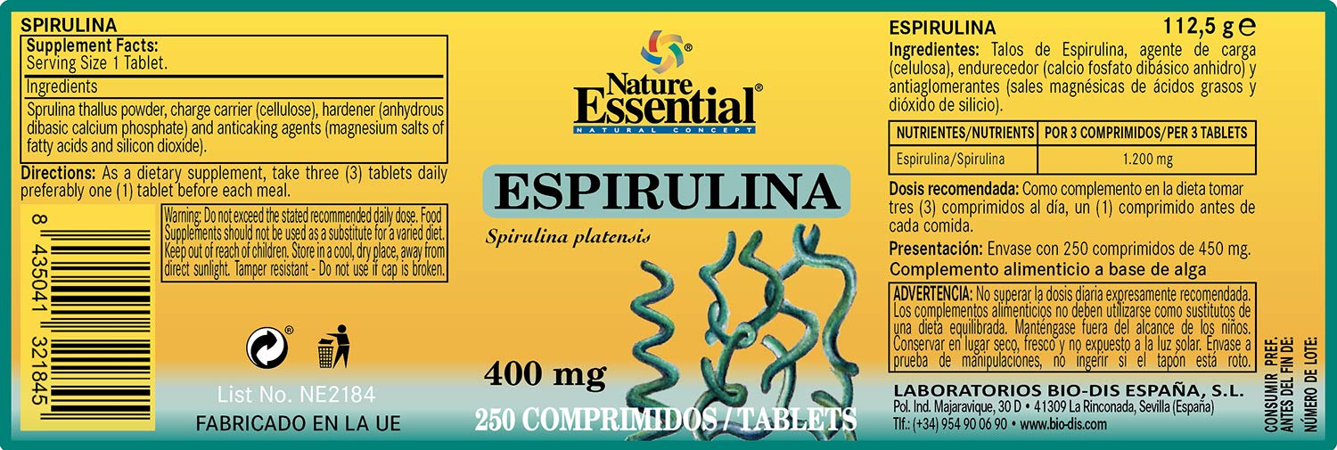 Nature Essential | Espirulina 400 mg | 250 Comprimidos | Pack 3 Unidades | Fuente de Vitaminas y Minerales | Propiedades Antiinflamatorias y Antioxidantes | Vitaminas C-D-K y del Grupo B