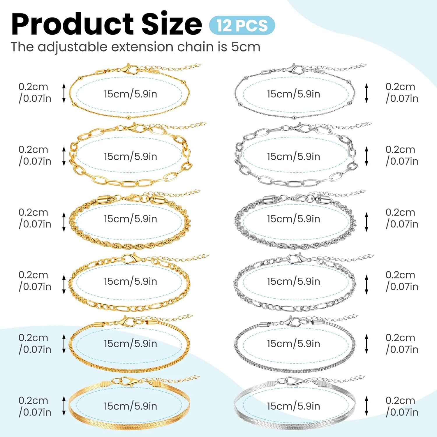 Gold Silver Ankle Bracelets for Women 12 Pcs Cuban Anklet Link Chain Set Multi-layered Wear Boho Bracelet Set Summer Beach Jewelry Accessories - Image 2