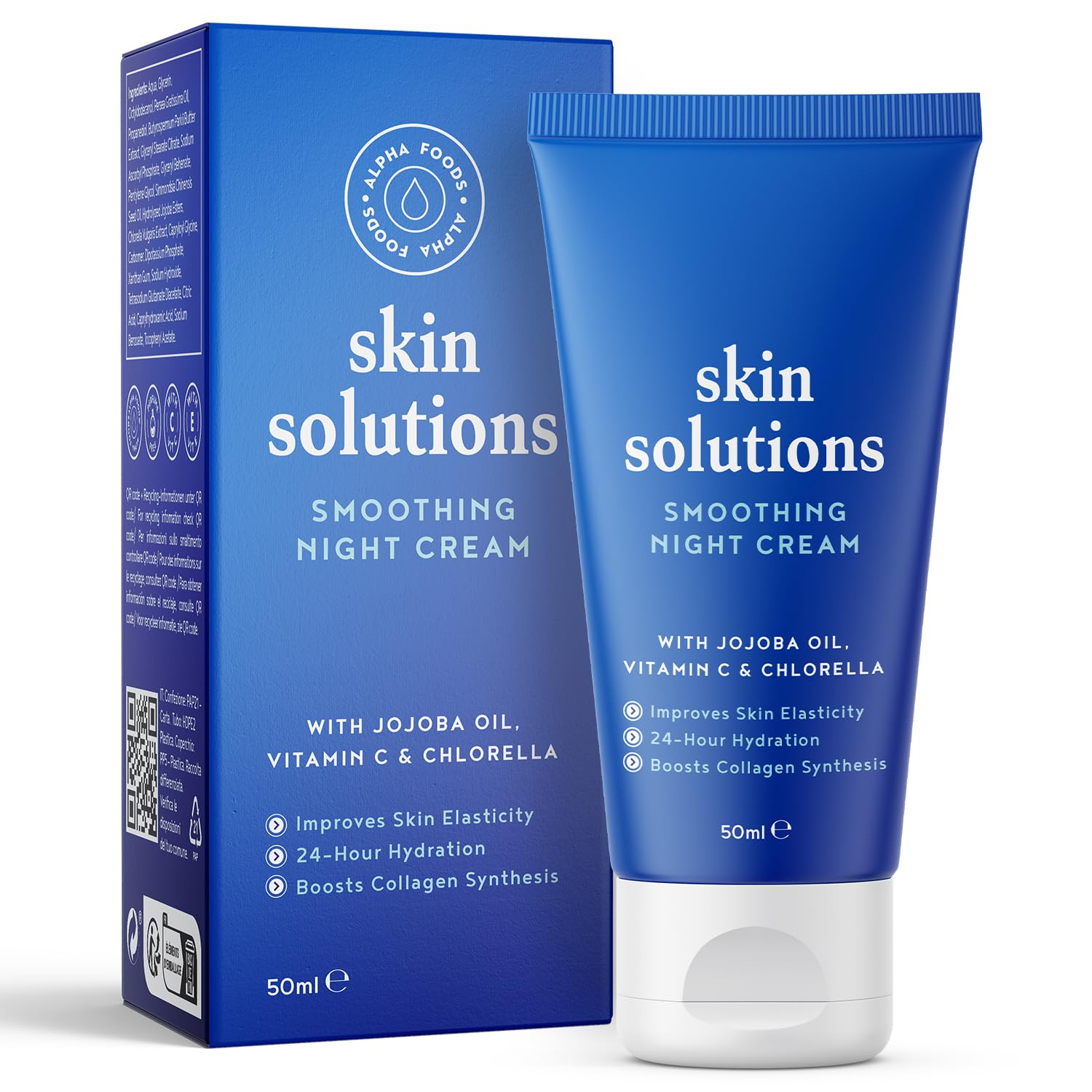 Crema de noche hidratante, revitalizante y antiarrugas con Aceite de Jojoba, Clorella y Vitamina C - Crema hidratante facial mujer y hombre rellenador de arrugas profundas - Alpha Foods