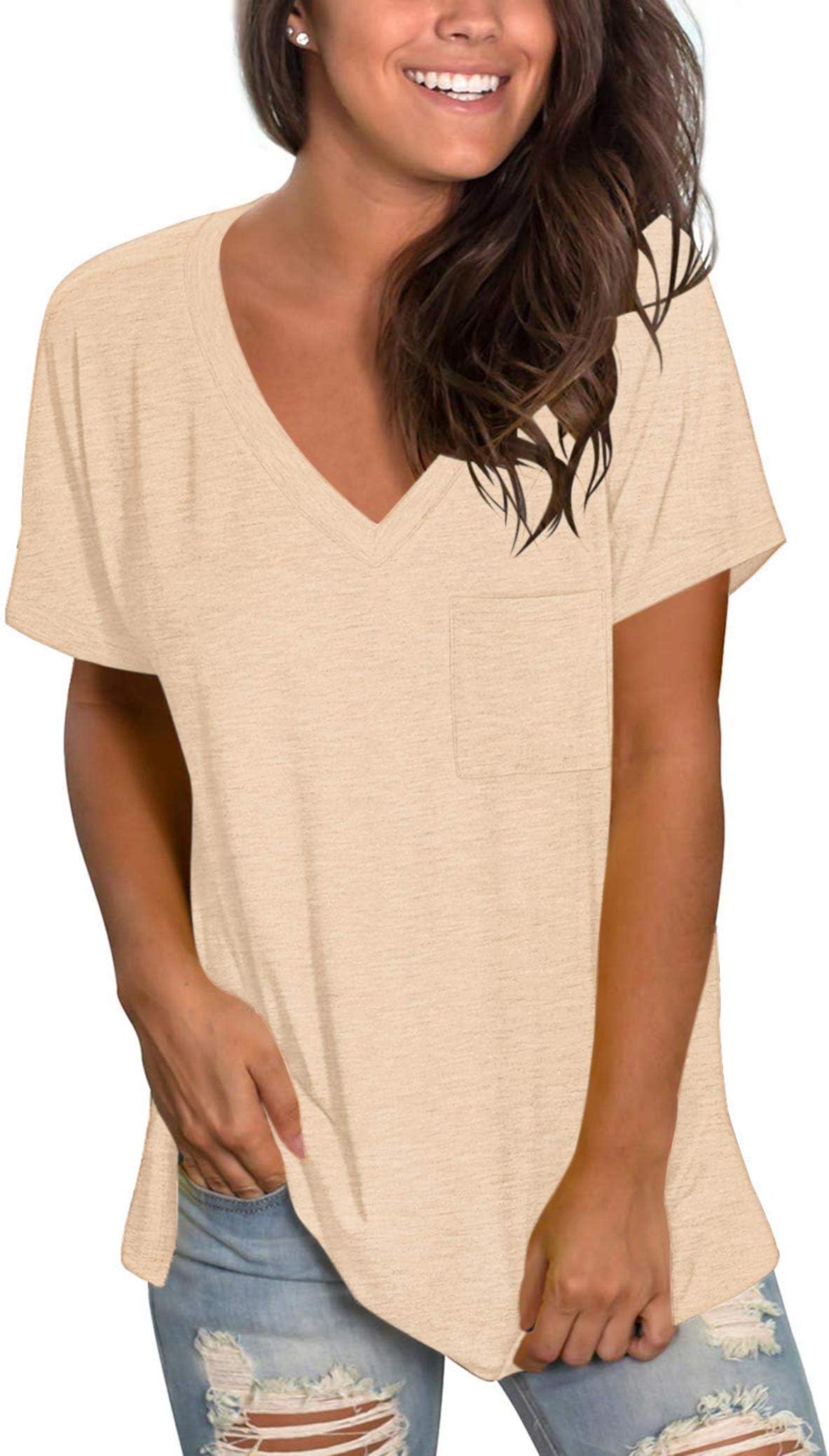 TODOLORWomens T Shirts Short Sleeve V Neck Loose Casual Summer Tees Basic Tunic Tops with Pocket