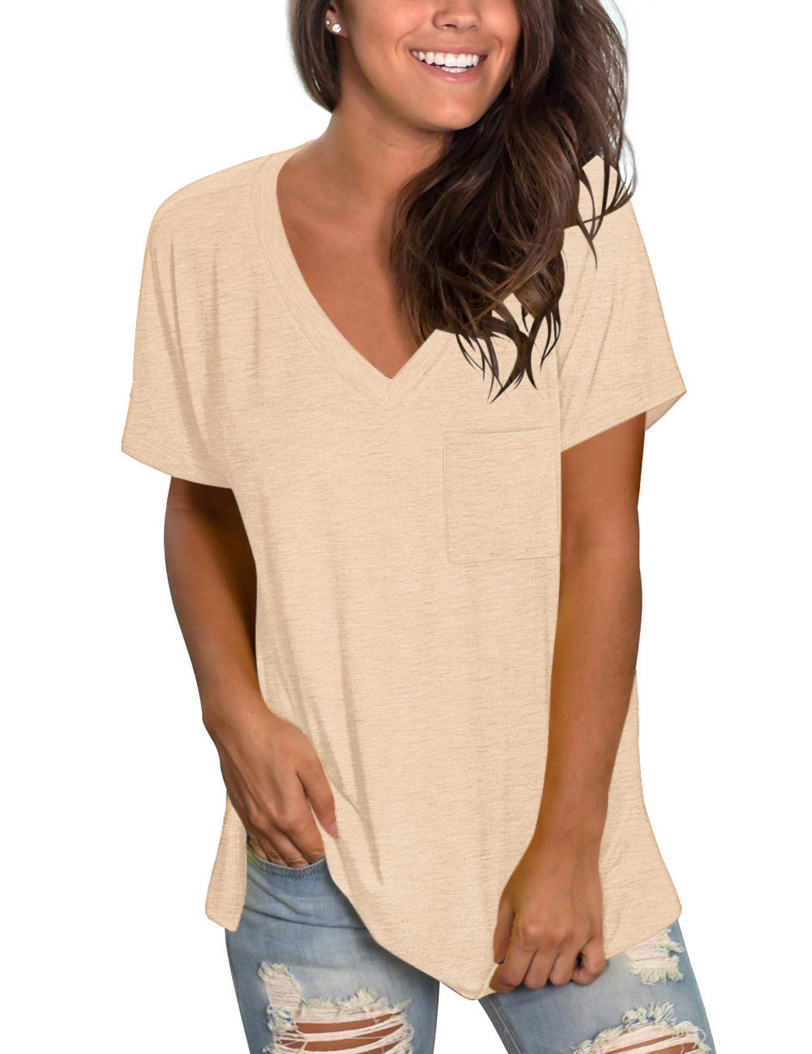 TODOLORWomens T Shirts Short Sleeve V Neck Loose Casual Summer Tees Basic Tunic Tops with Pocket