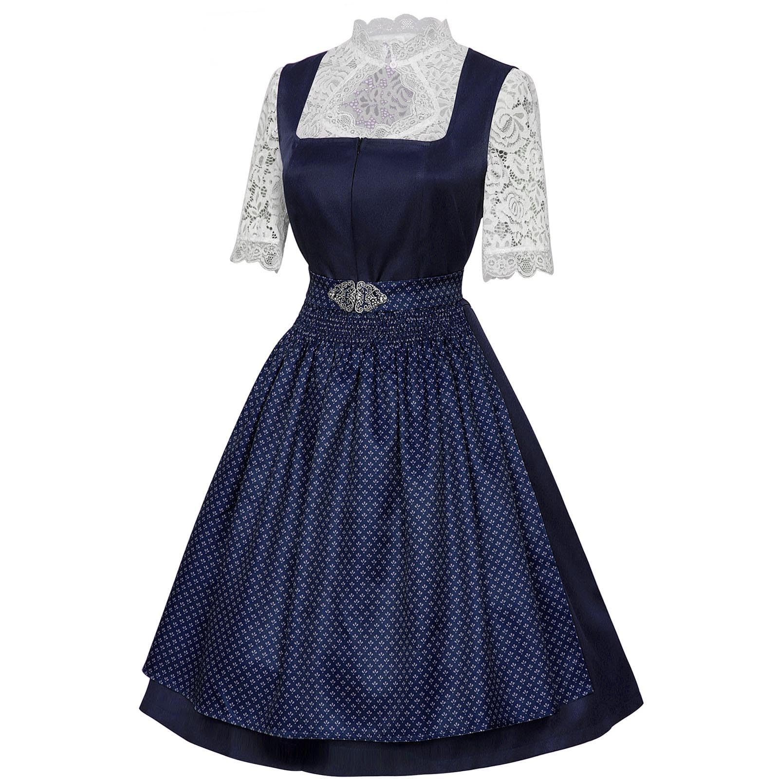 Kleid Dirndl Damen Midi Oktoberfest mit Schürze und Bluse Fernblau geblümt Kleidung Dirndl Midi Trachtenkleid inkl. Trachtenrock Dirndlbluse Dirndlschürze Oktoberfest Trachtenkleid Trachtenmode