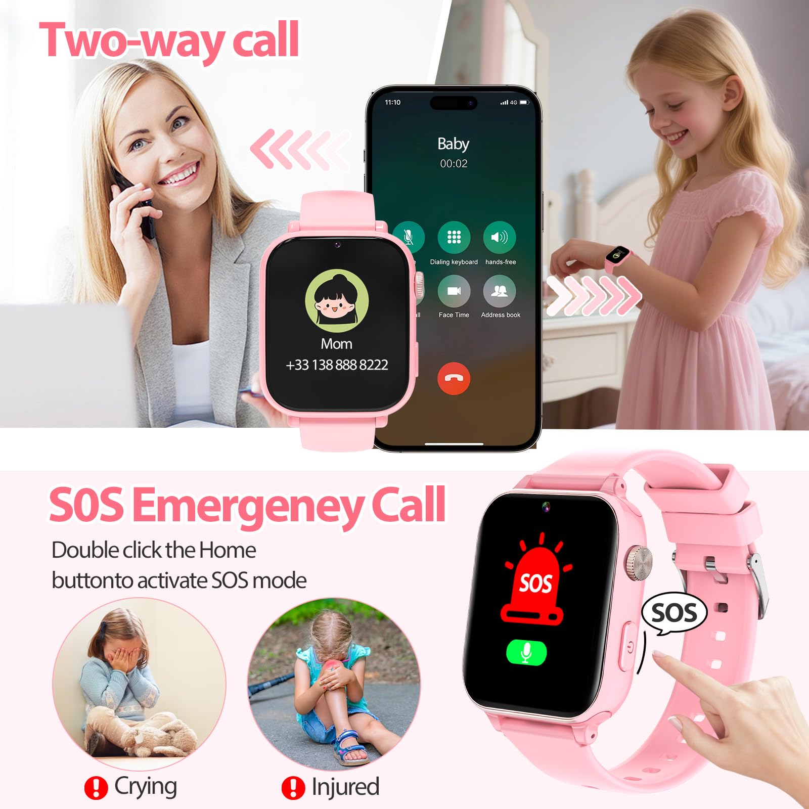 PTHTECHUS Smartwatch per Bambini, 4G Orologio GPS Bambini, Videochiamata e Telefono, WIFI/GPS/LBS Contapassi Ricevi SMS SOS Calcolatrice Timer Sveglia, Regali per Bambini Dai 4 Anni in Su, Rosascuro
