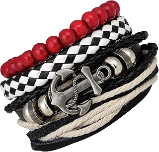 Feilok Mens Womens Personalized Wrist Cuff Bracelets Stainless Steel Braided Leather Wrap Bracelet Bangle 4 Pieces Set, leather cord wood,