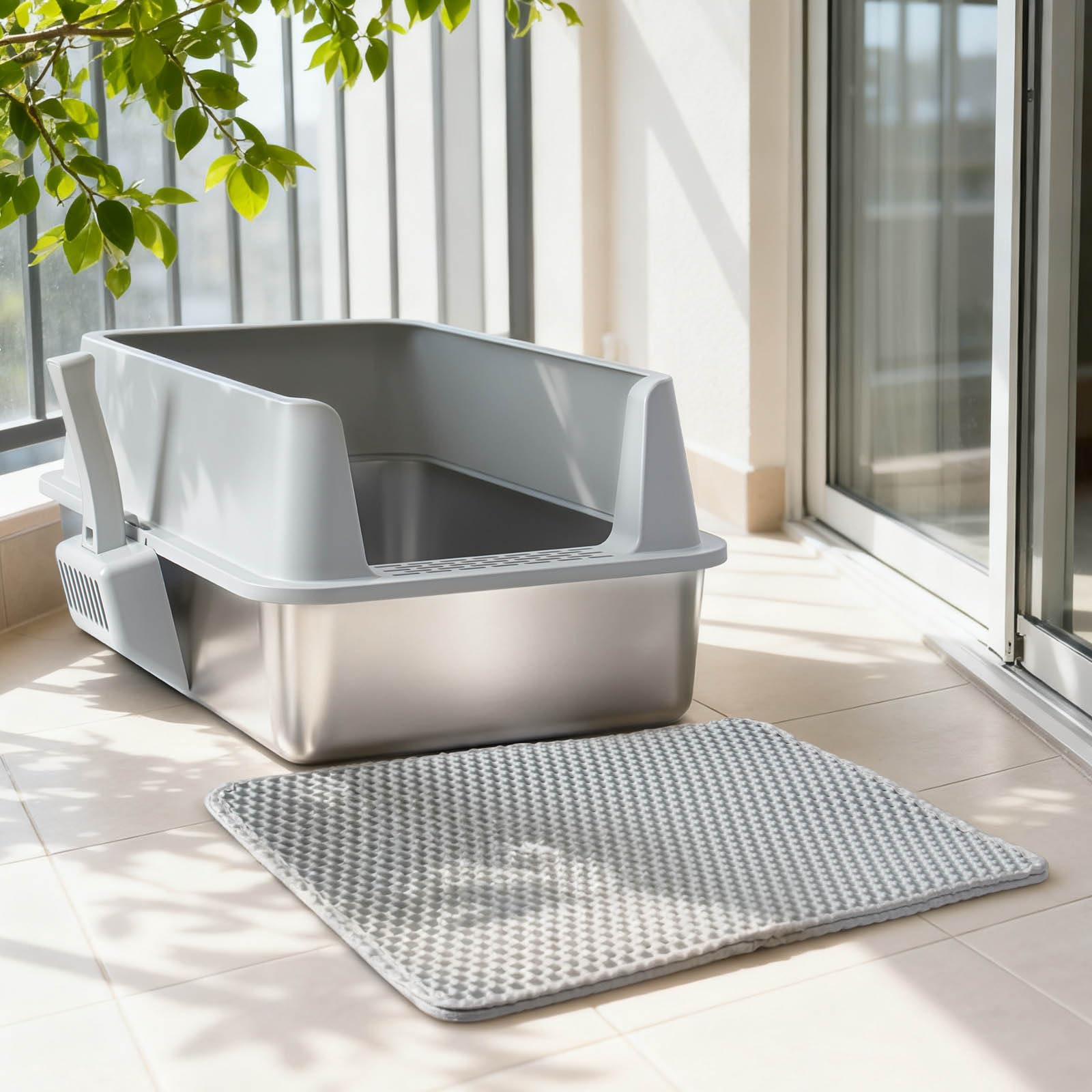 2PCS XL Stainless Steel Cat Litter Box with Lid,Metal Litter Box High Sides for Big/Multiple Cats,Open Design,Indoor,1-Mat and 1-Scoop,Easy to Clean, No Odor,Anti-Urine Leakage - image 8