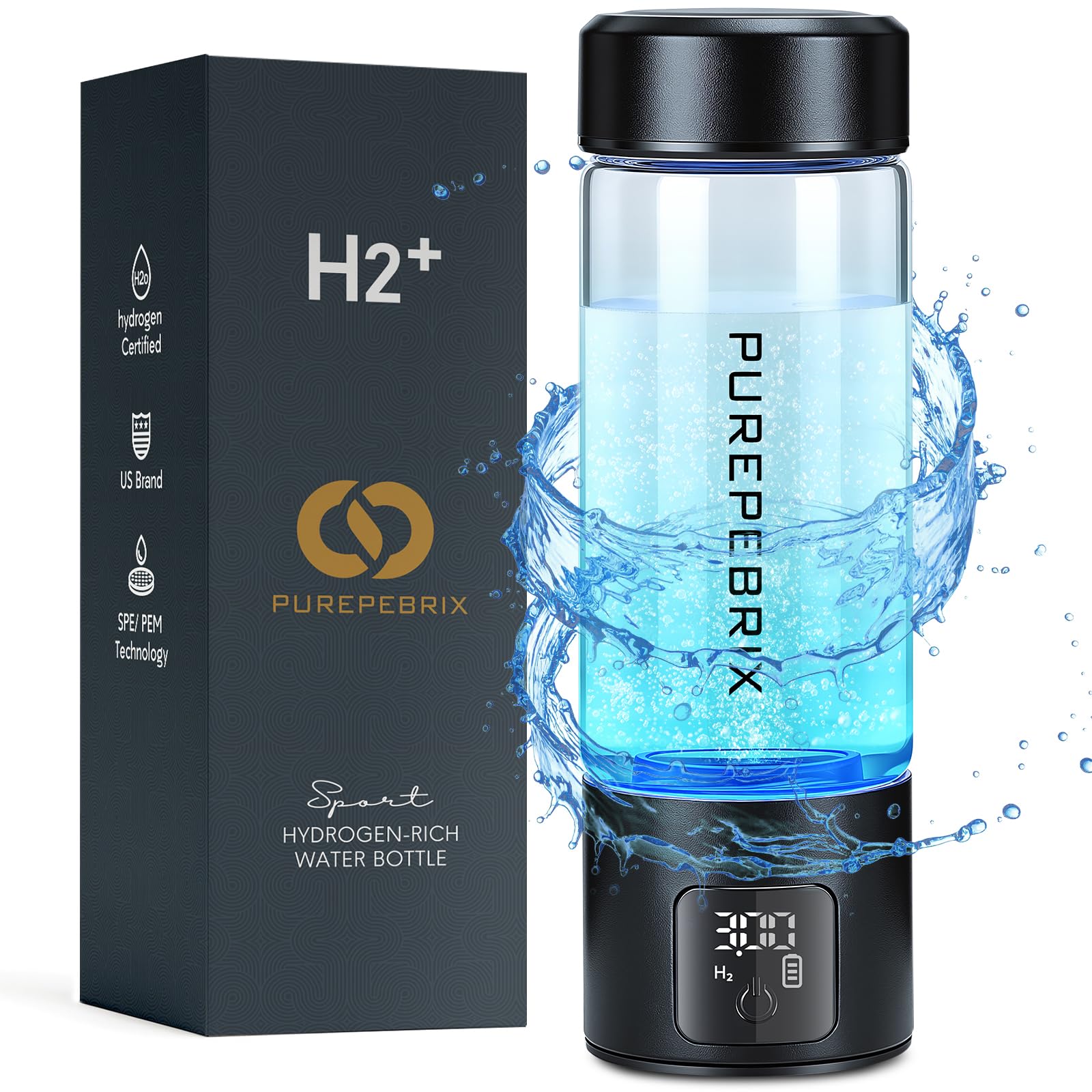 Upgraded Hydrogen Water Bottle Generator Glass, Touch Screen, Leak-Proof Lid, SPE/PEM Tech, Portable Rechargeable Hydrogen Water Bottle for Home Office Travel Fitness Drinking, 14 oz, Black