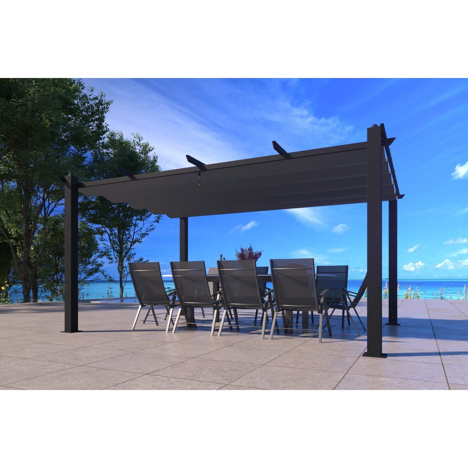 Pergola Autoportée NILA Gris Toile Rétractable 12m²
