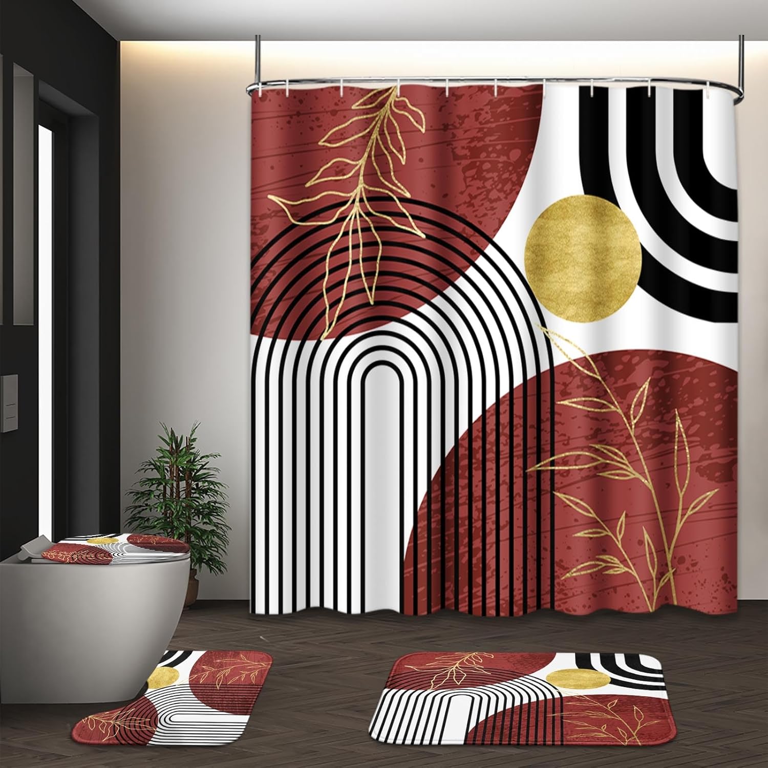 Vintage Boho Mid Century Shower Curtain Set with Toilet Lid Cover and Non-Slip Rugs, Abstract Geometric Grey Background 4 Pcs Modern Minimalist Shower Curtain for Bathroom Set with 12 Hooks