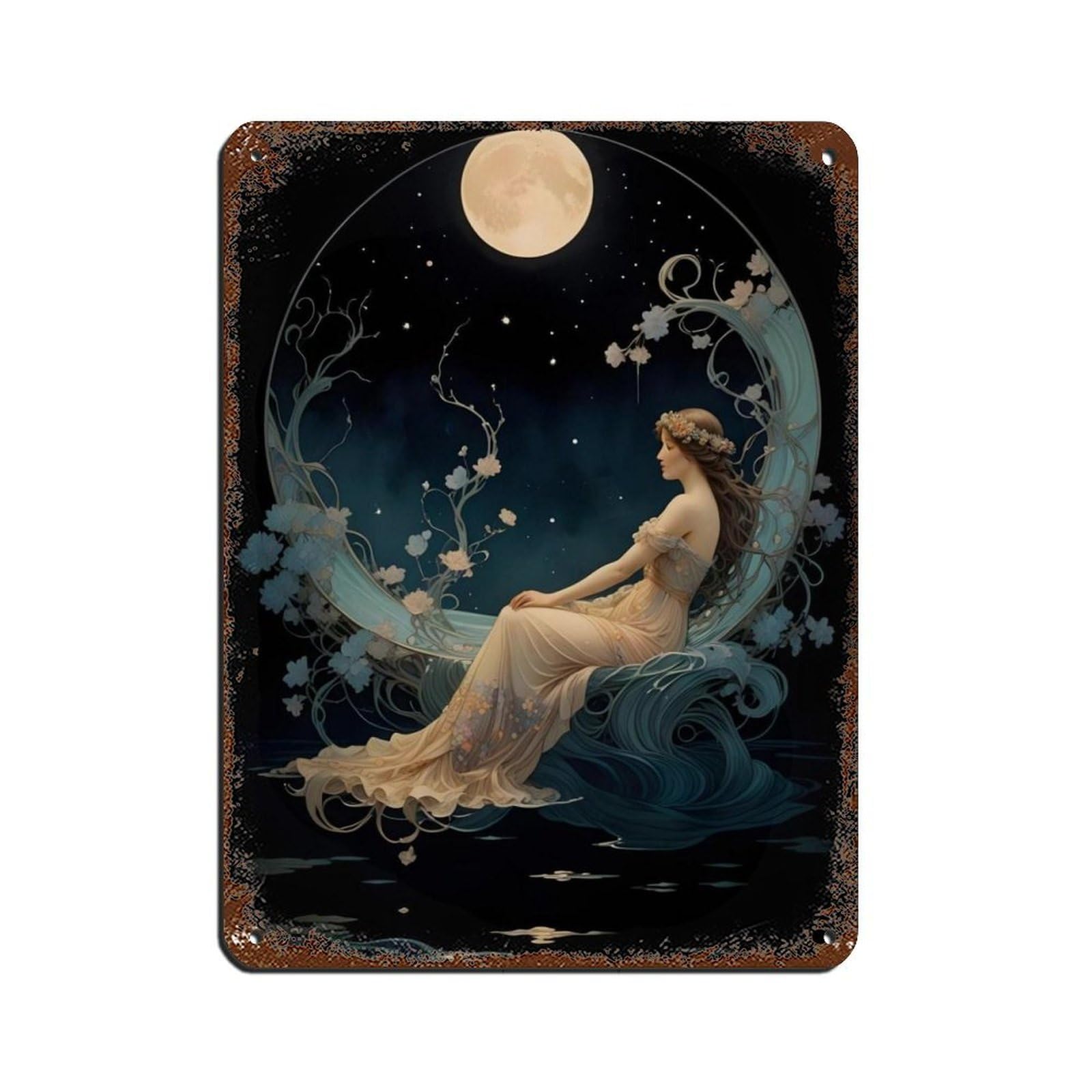 Art Nouveau Celestial Moonlit Bathing Lady Moon And Stars Retro Poster Metal Tin Sign Chic Art Retro Iron Painting Bar People Cave Cafe Family Garage Poster Wall Decoration 12x16inch(30x40cm)