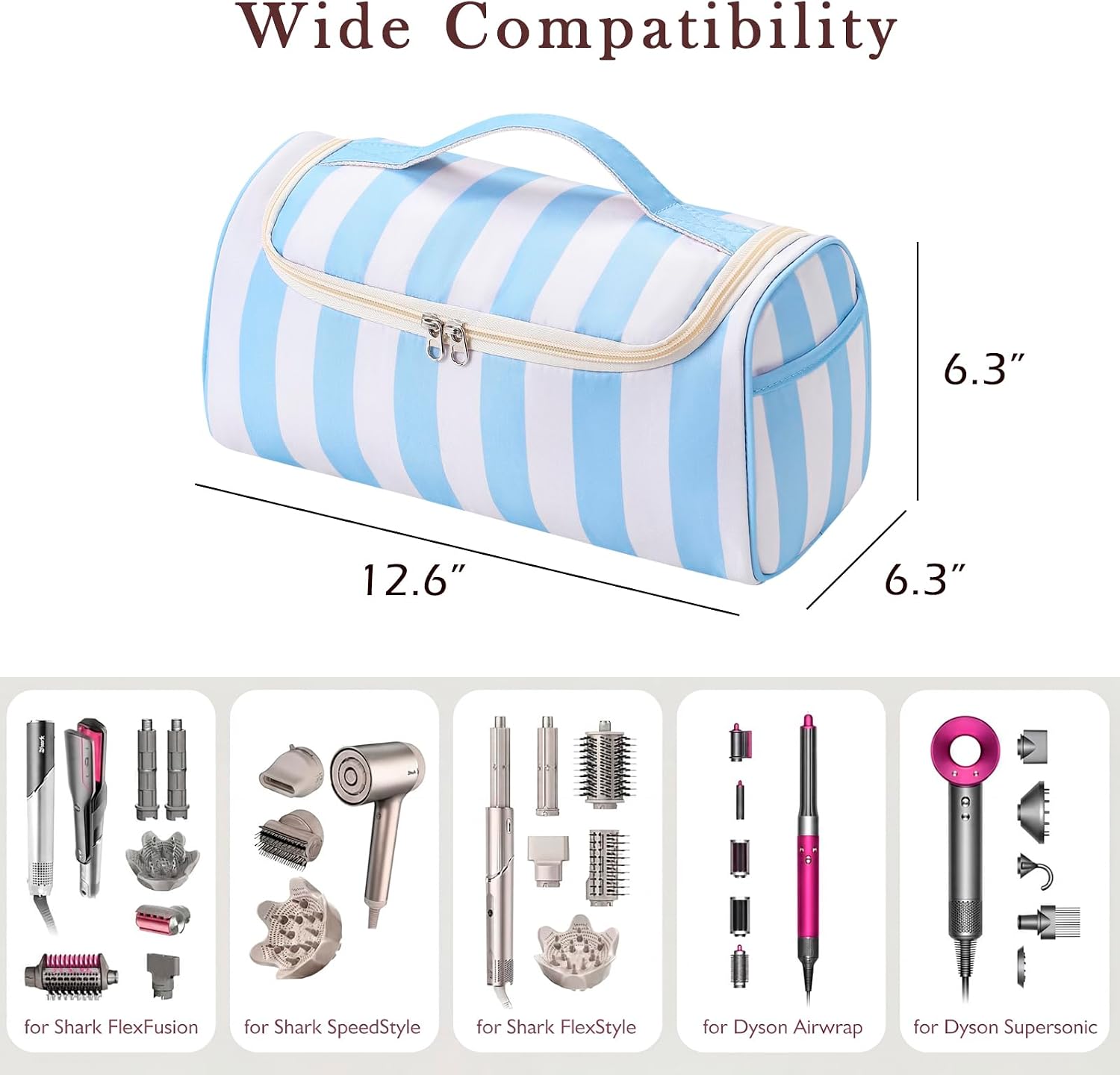 RSRSLEII Striped Hair Tools Travel Bag with Compartments,Waterproof Hair Tools Case for Hair Dryer,Flat Irons,Straighteners,Curling Irons,Makeup Cosmetic Bag for Travel Essentials (05Blue&White)