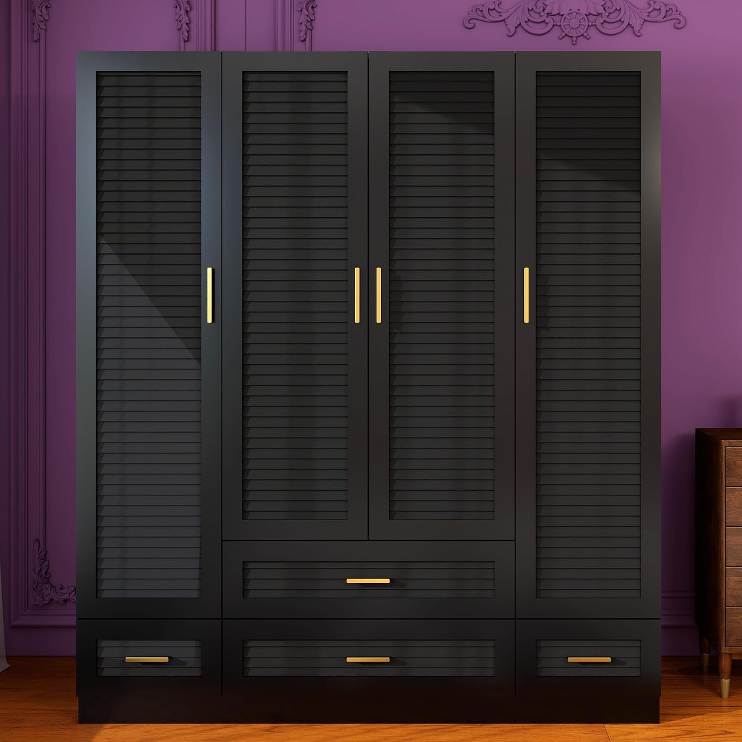 Large Wardrobe Closet with 4 Drawers, Spacious Bedroom Armoire, 61.42" x 19.80" x 70.87", Classic Black Design, Ample Storage Space, Modern Furniture for Clothes and Accessories (60)
